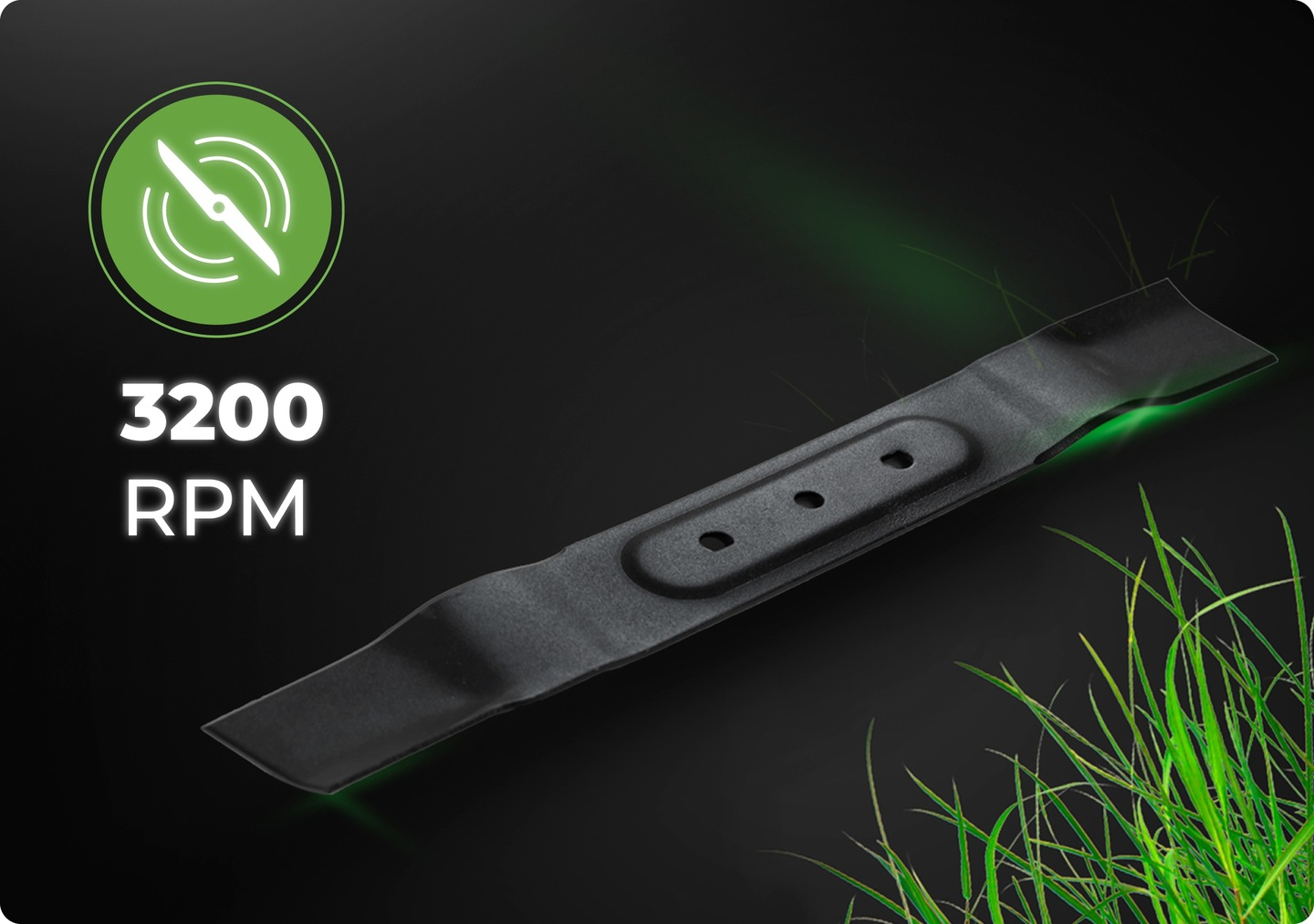 Czarne ostrze kosiarki z trzema otworami i zielonymi akcentami, pokazane z trawą i zielonym okręgiem z ikoną ostrza i tekstem 3200 obr/min.