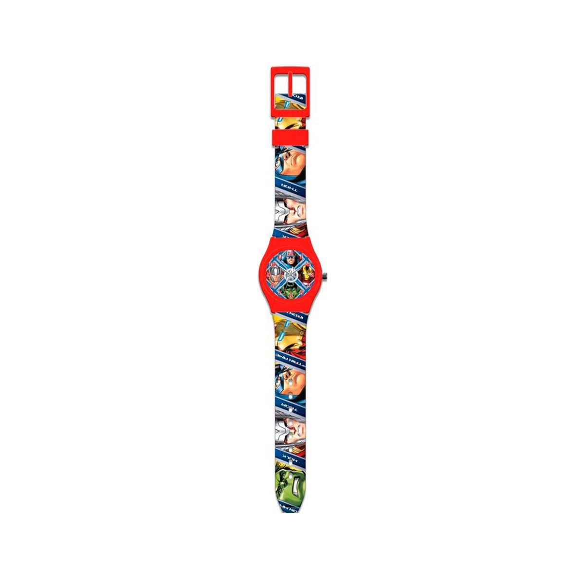 Orologio da polso rosso con design a fumetti, con personaggi Marvel. Il cinturino ha i volti di vari eroi.