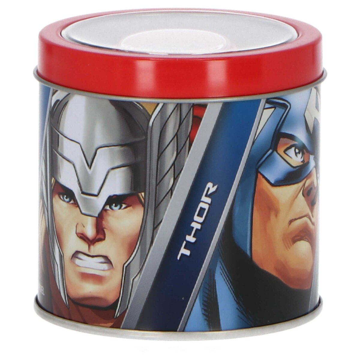 Latta cilindrica con illustrazioni di Thor e Capitan America. Coperchio rosso, interno bianco. La parola 'THOR' è visibile.