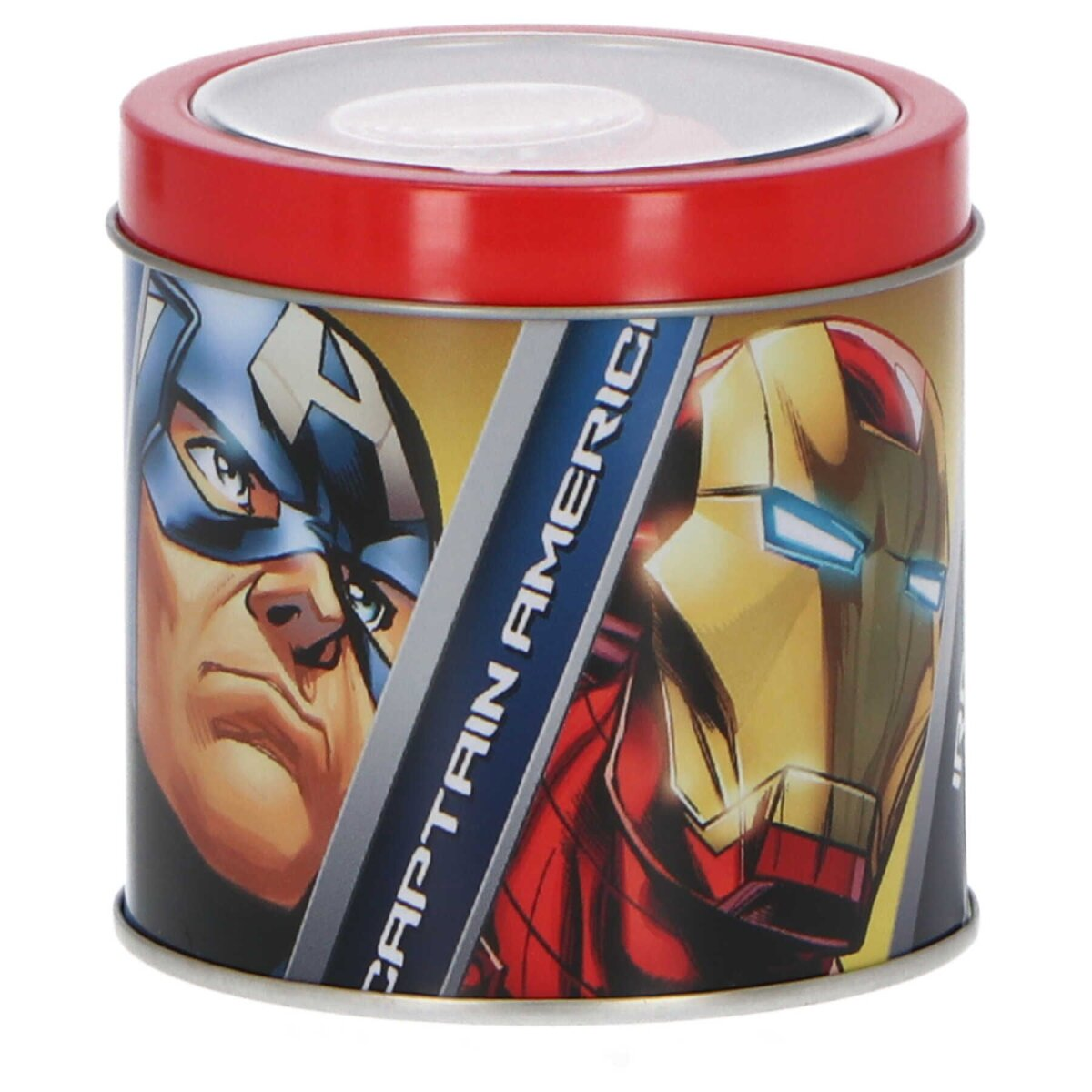 Un contenitore cilindrico in metallo con coperchio rosso. Captain America e Iron Man sono sui lati. Le parole 'CAPTAIN AMERICA' sono visibili.