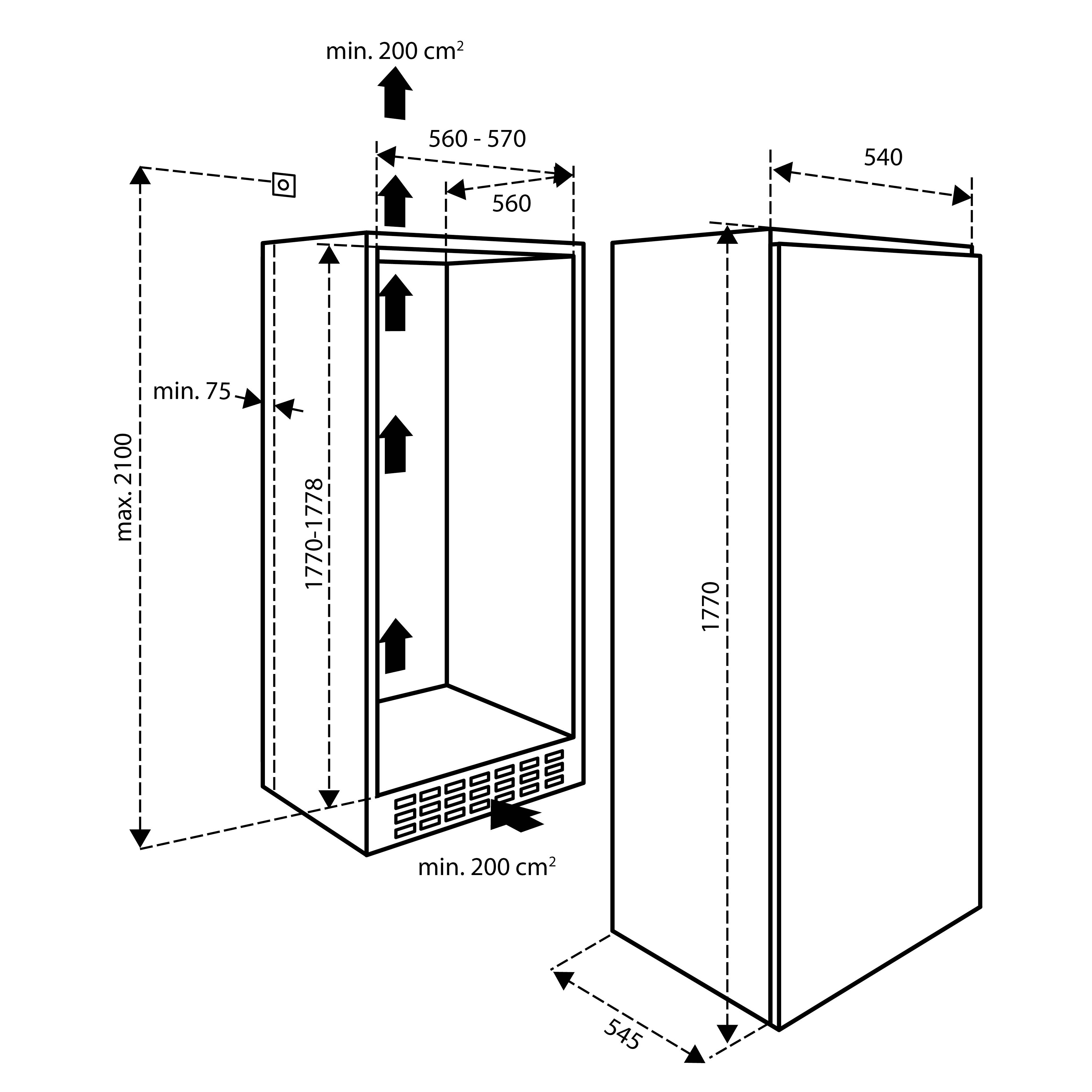 Diagram met afmetingen van een koelkast, maten in mm. Inclusief hoogte, breedte en diepte details.