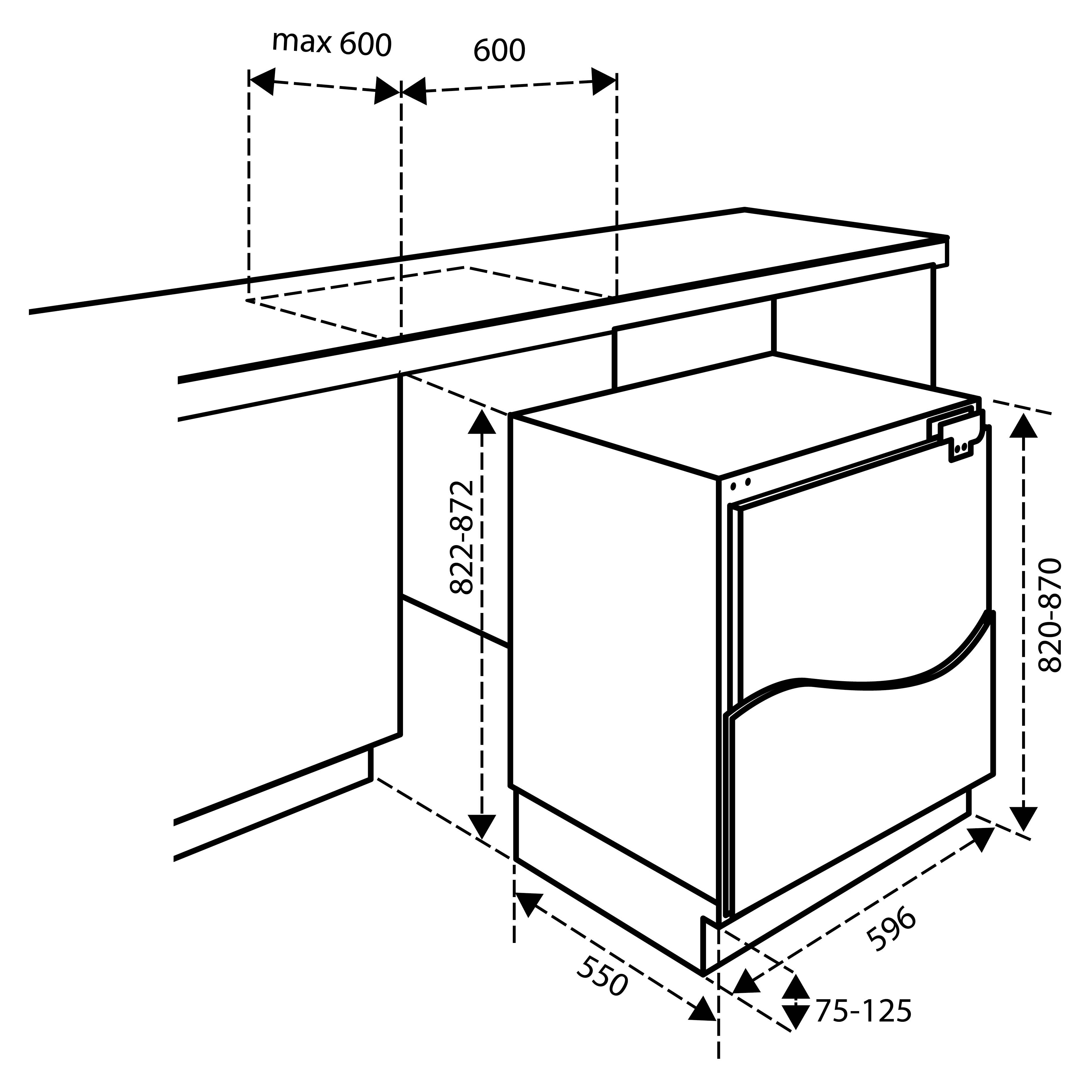 Diagram van een vaatwasser met afmetingen in millimeters. Toont hoogte, breedte en diepte maten voor installatie.
