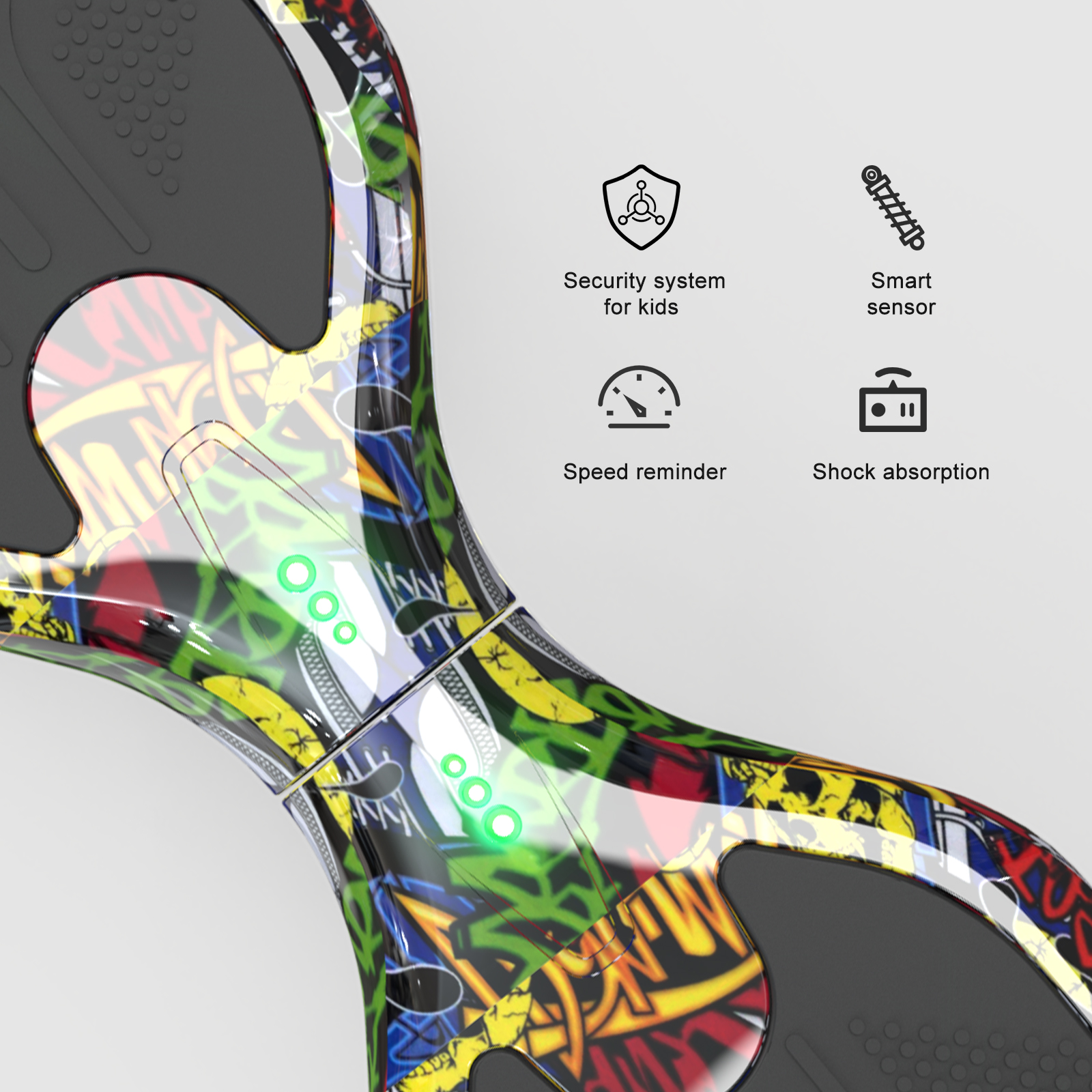 A colorful hoverboard with graffiti art. Features include a security system, smart sensor, speed reminder, and shock absorption.