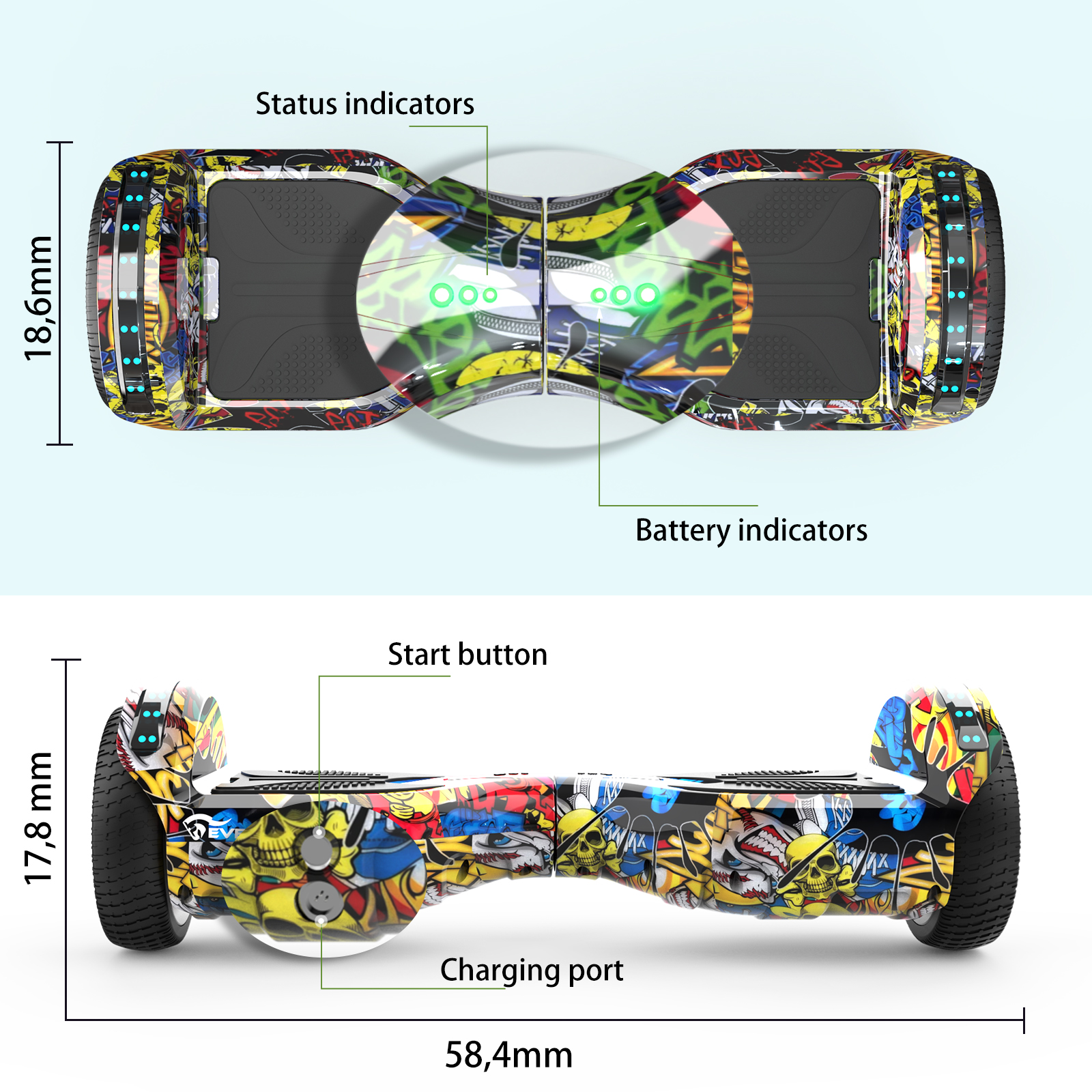 A hoverboard with colorful graffiti design. It has status and battery indicators, a start button, and a charging port.