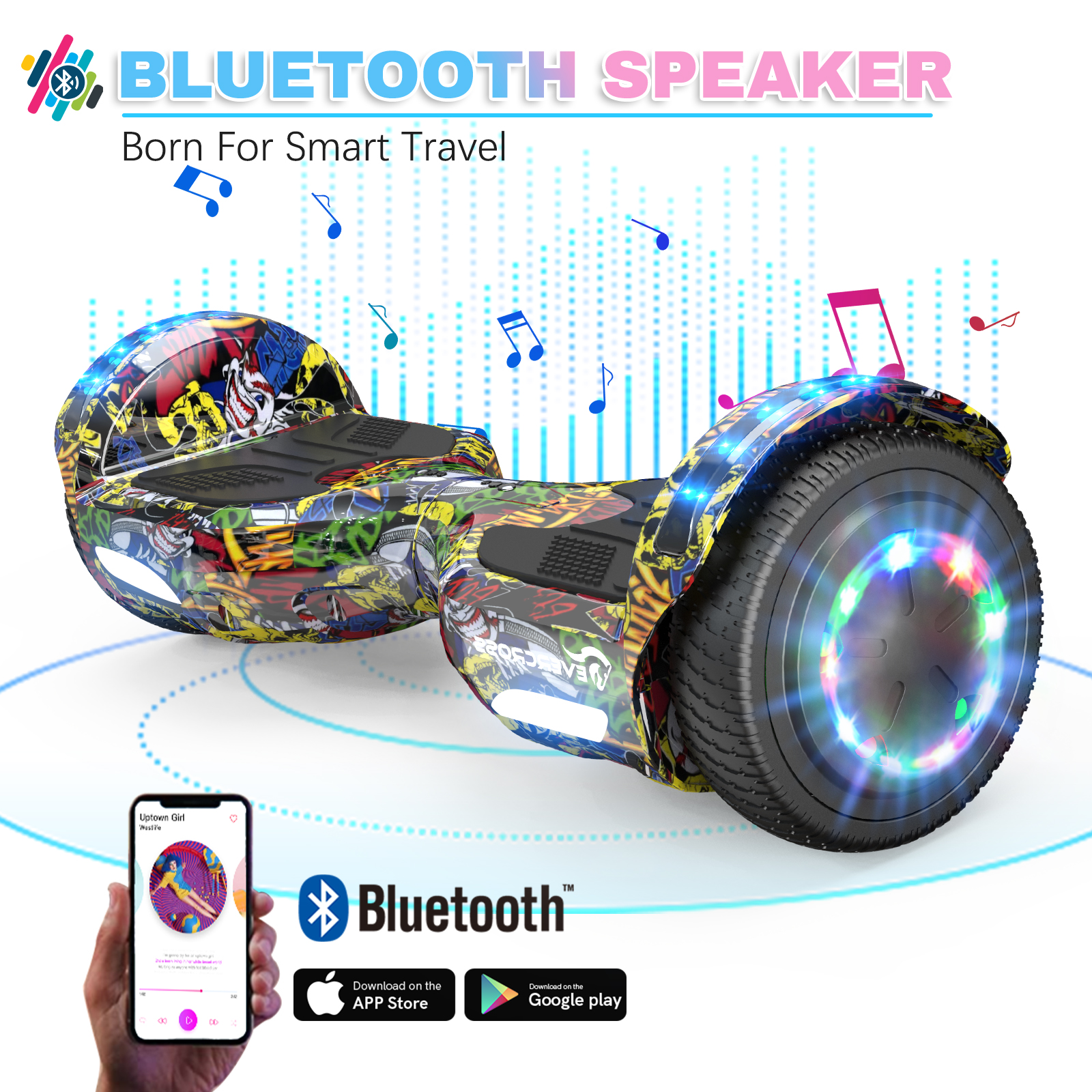 A hoverboard with graffiti art is shown. The background has music notes and the word bluetooth. A phone shows a music app.