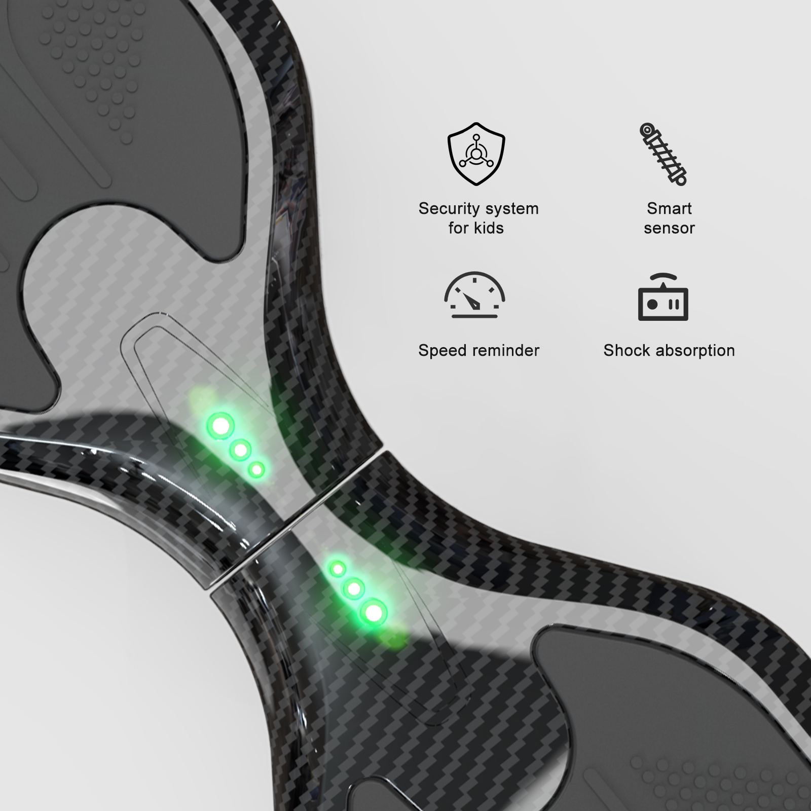 Close-up of a hoverboard, black with carbon fiber texture. Icons: security, sensor, speed, and shock absorption are visible.