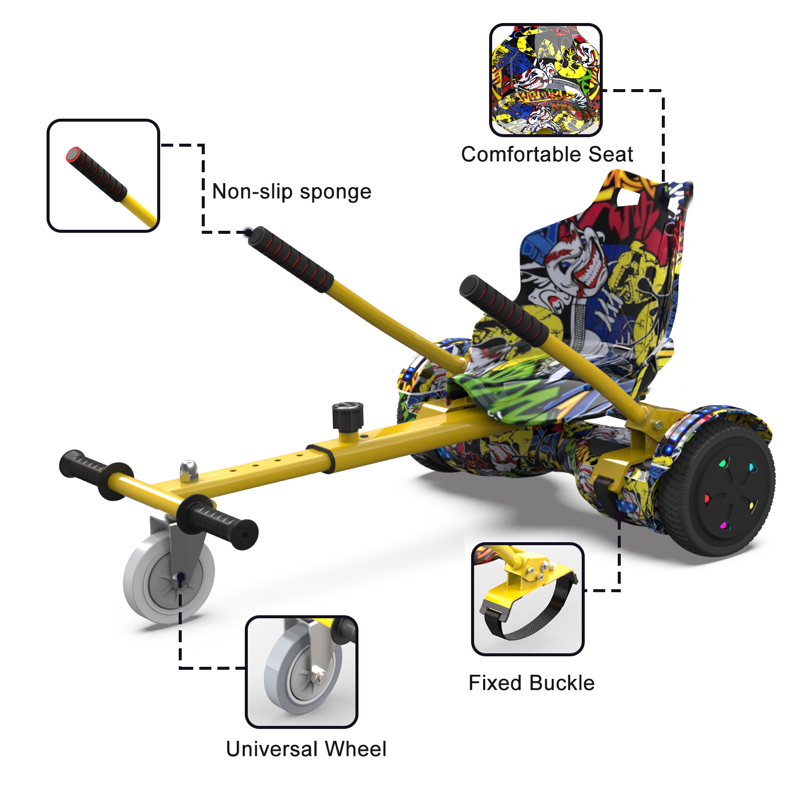 A yellow hoverboard with black handles, a colorful seat, and wheels. It has a fixed buckle and a universal wheel.