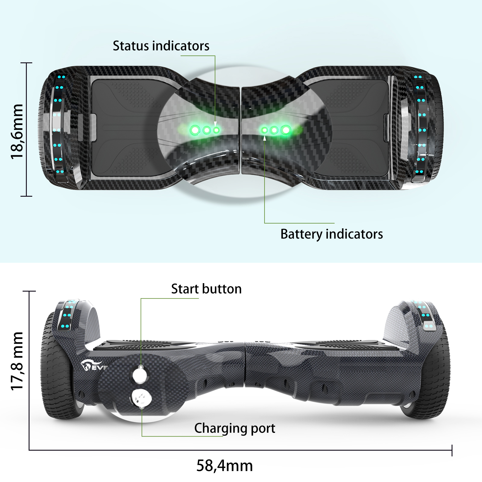A hoverboard with dimensions. It has status and battery indicators, a start button, and a charging port. The colors are black and green.