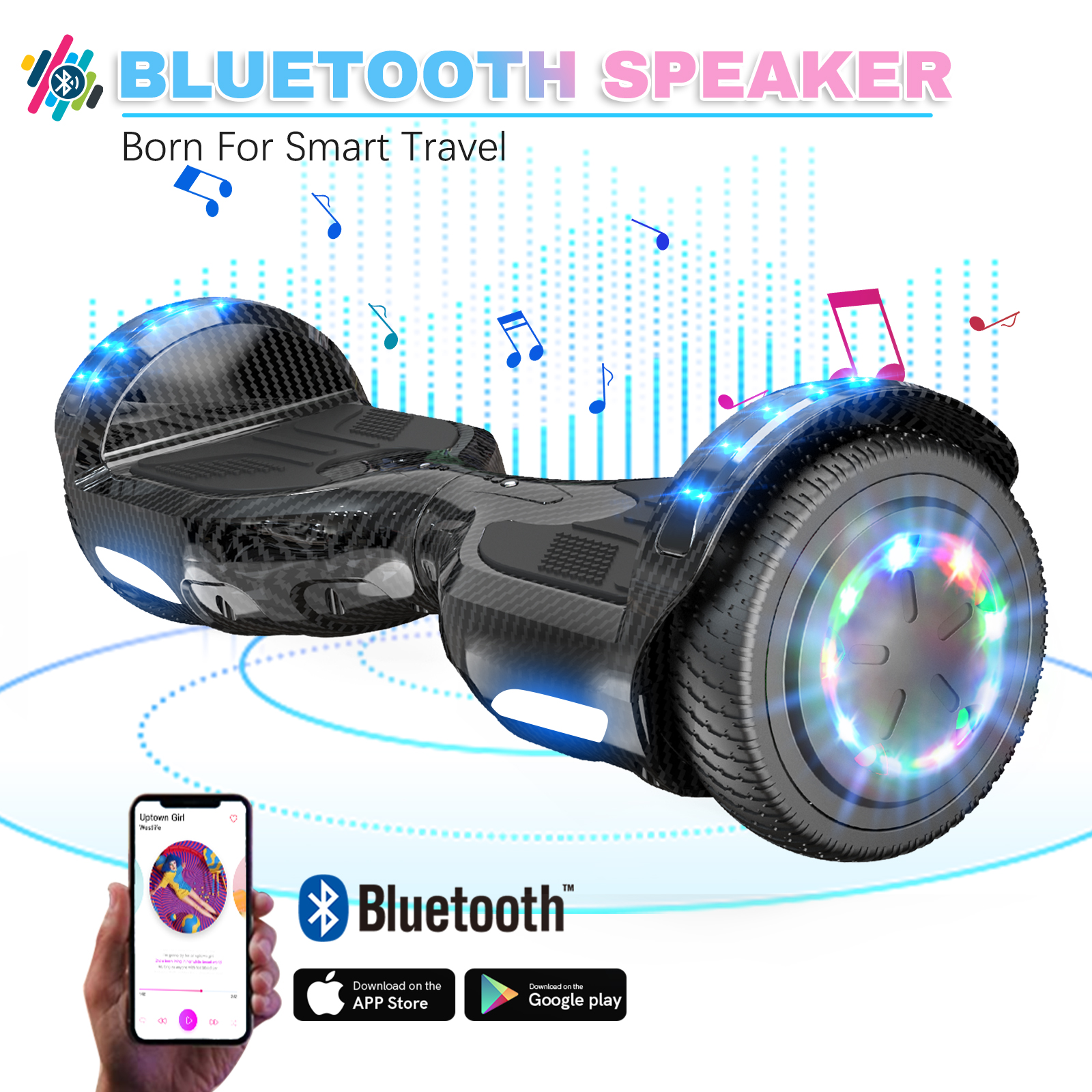 A hoverboard with a Bluetooth speaker. A phone displays music. There are musical notes in the background, and the app store logos.