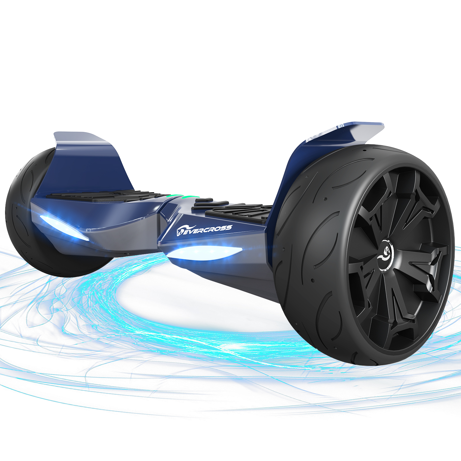 Blue hoverboard with black wheels. Glowing lights and a logo are visible. Background has blue light trails, all on a white background.