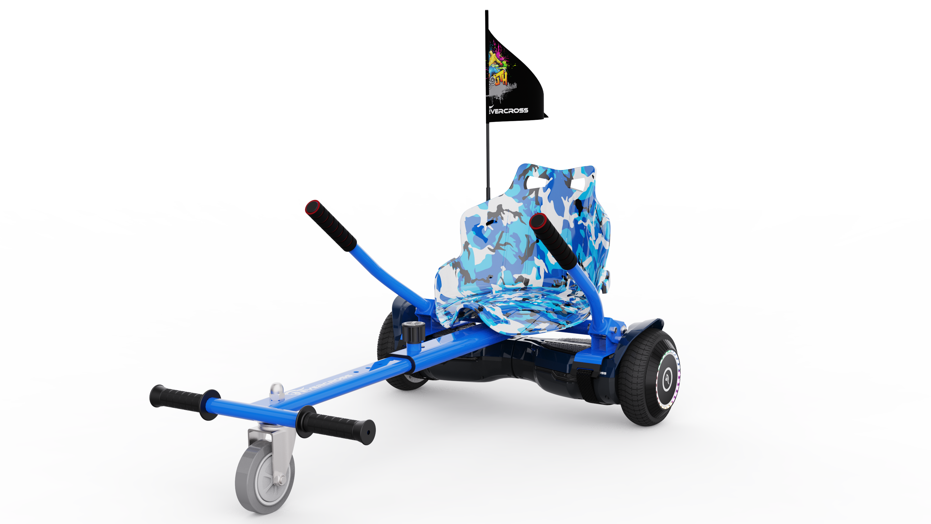 Blauw hoverboard met een stoel, blauwe handvatten en een zwarte vlag met kleurrijk design. Het staat op een grijze ondergrond met een zwarte achtergrond.