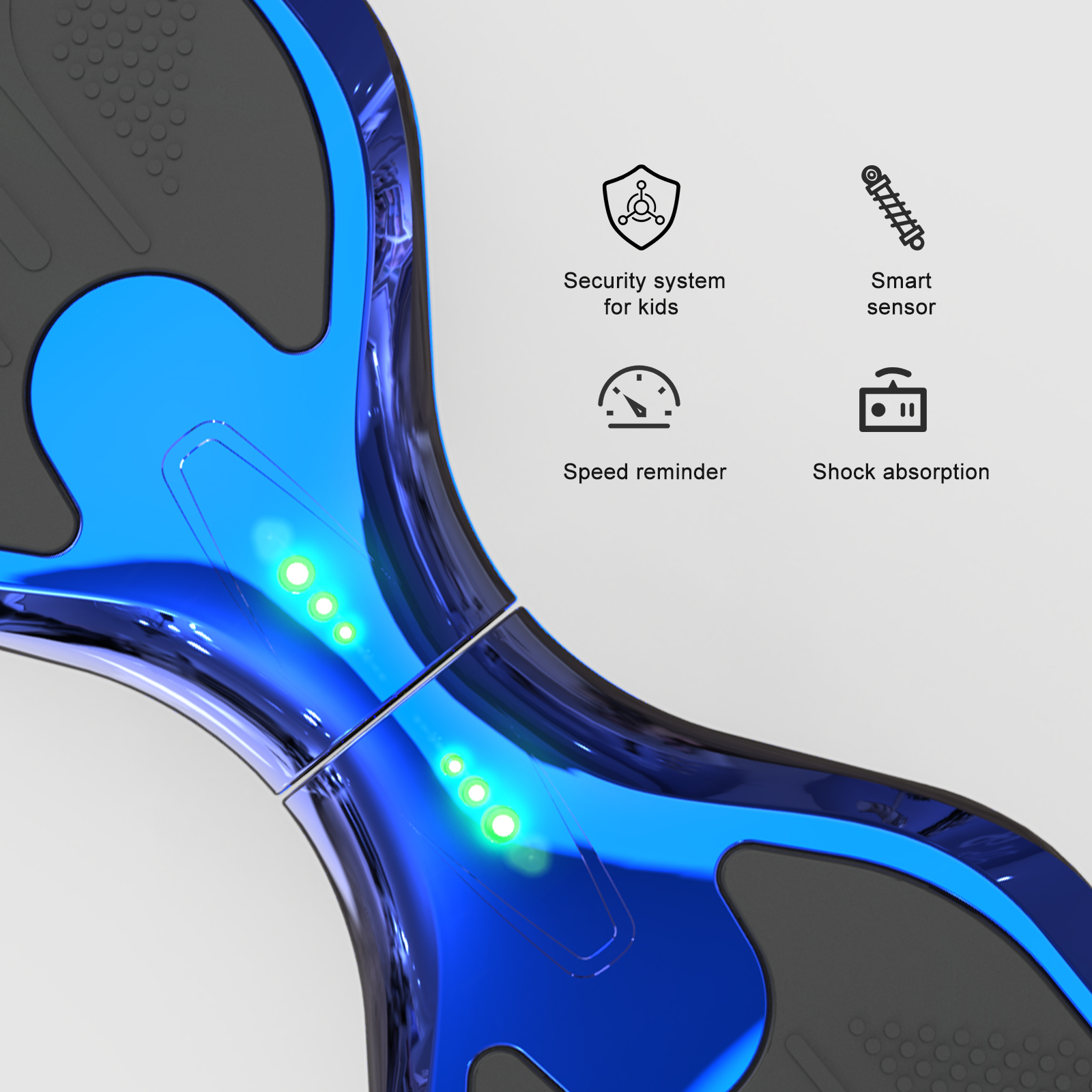 Blue and gray hoverboard with green lights and icons for security, smart sensor, speed reminder, and shock absorption.