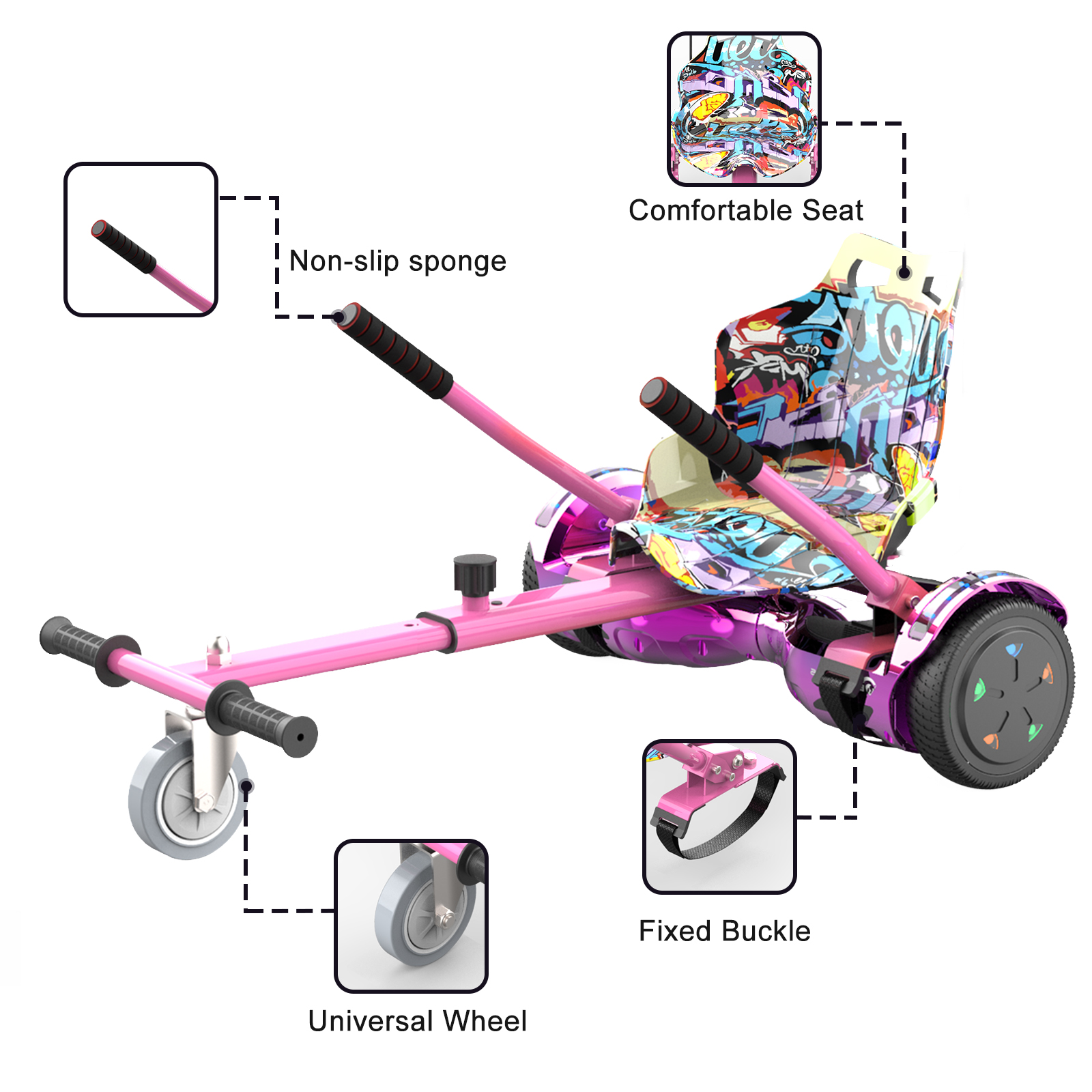 A pink hoverboard with a seat. Features include a comfortable seat, non-slip sponge handles, universal wheels, and a fixed buckle.