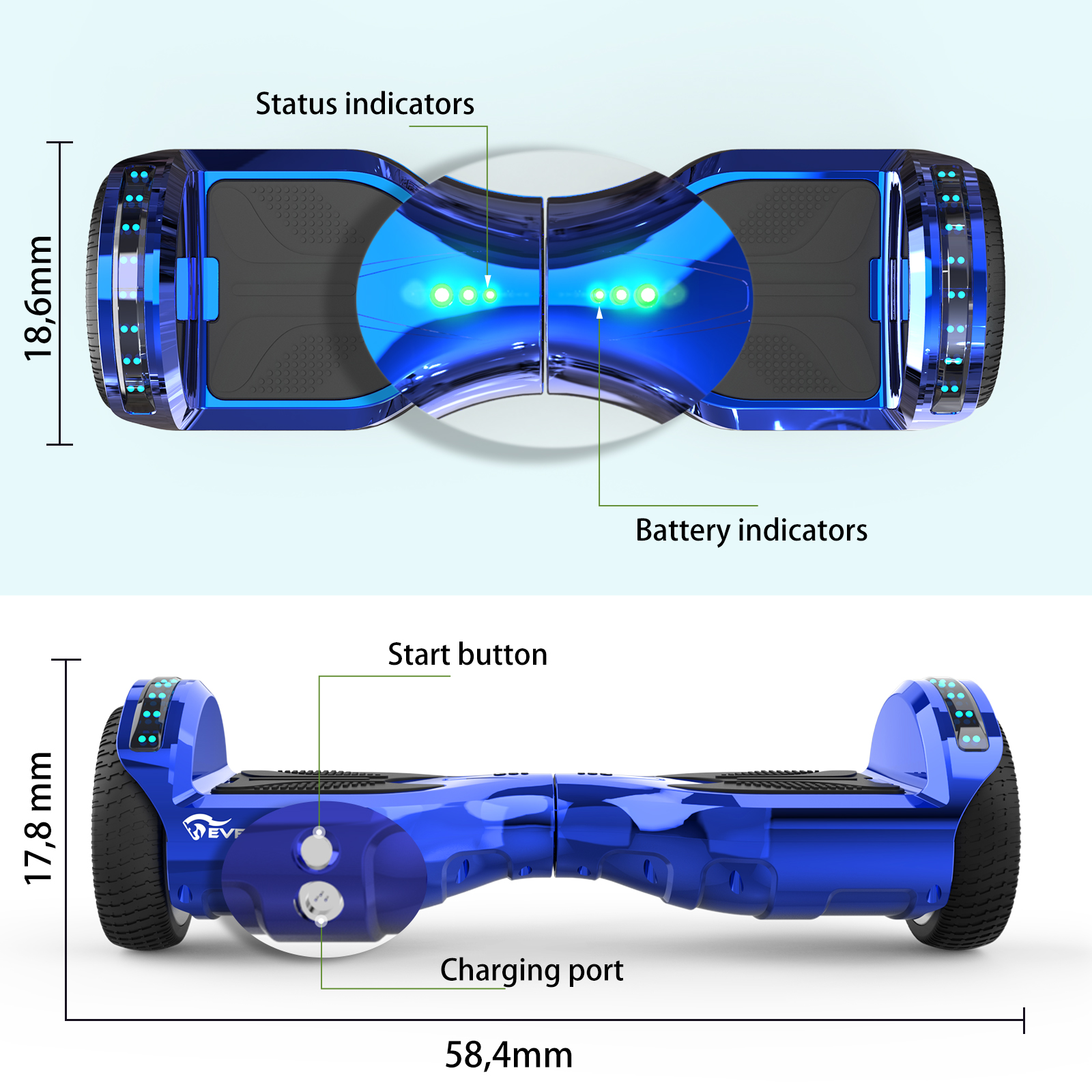 A blue hoverboard with status and battery indicators. It has a start button and charging port, with dimensions labeled.