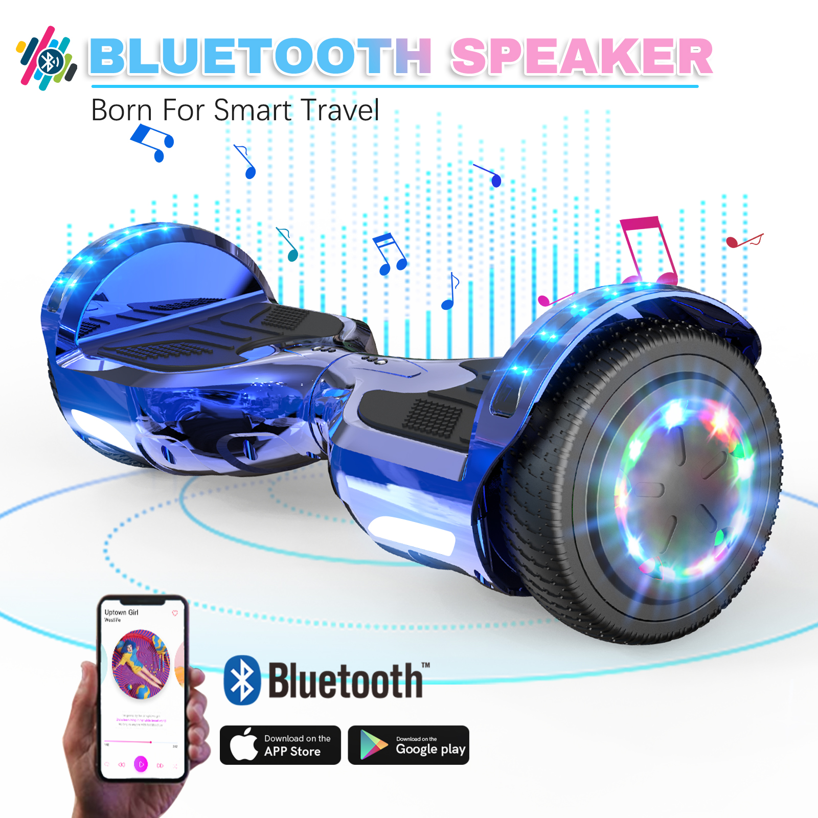 Blue hoverboard with glowing wheels and musical notes. A phone displays a music app. Bluetooth logo and app download links are present.