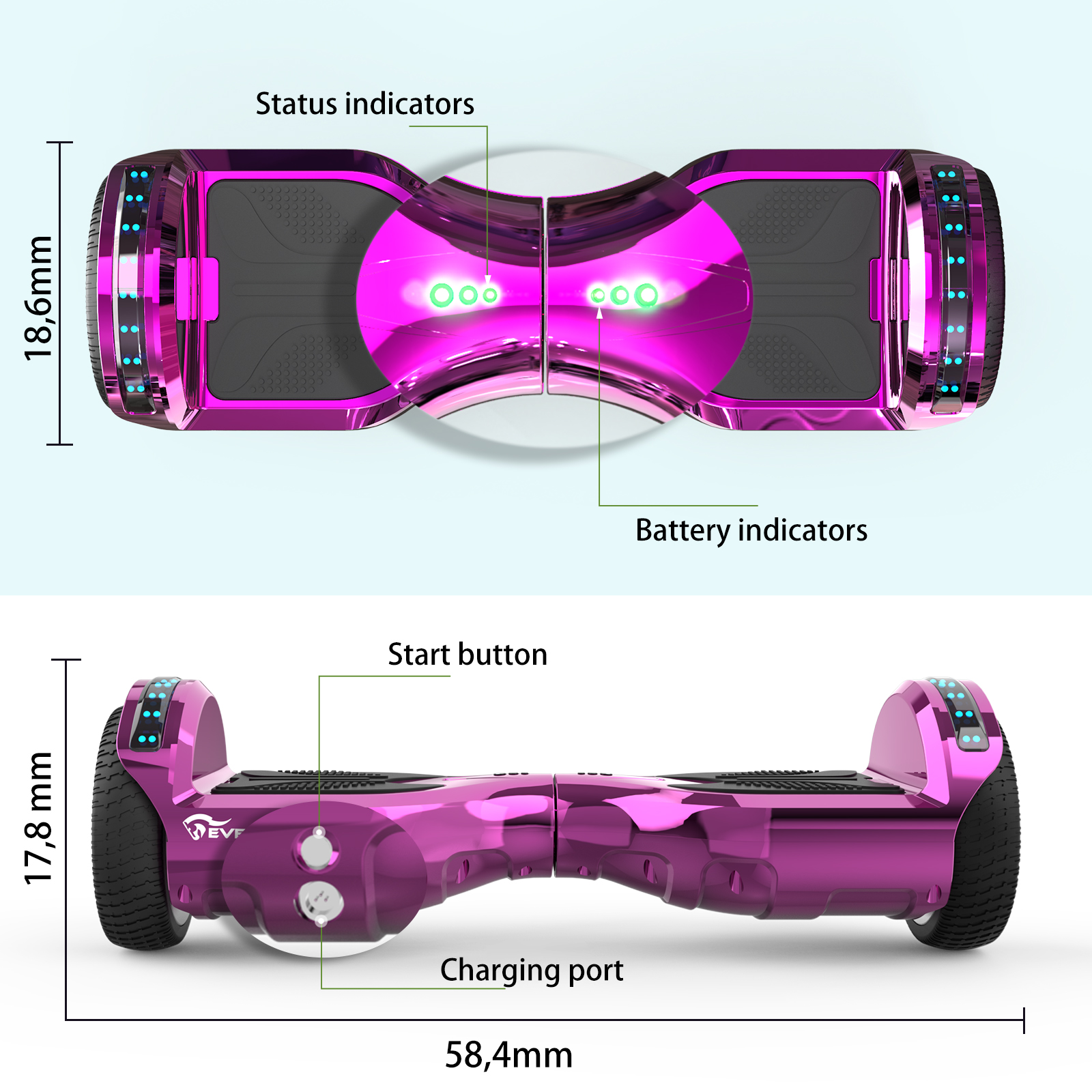 A pink hoverboard has status and battery indicators. It has a start button and a charging port. Dimensions are also shown.