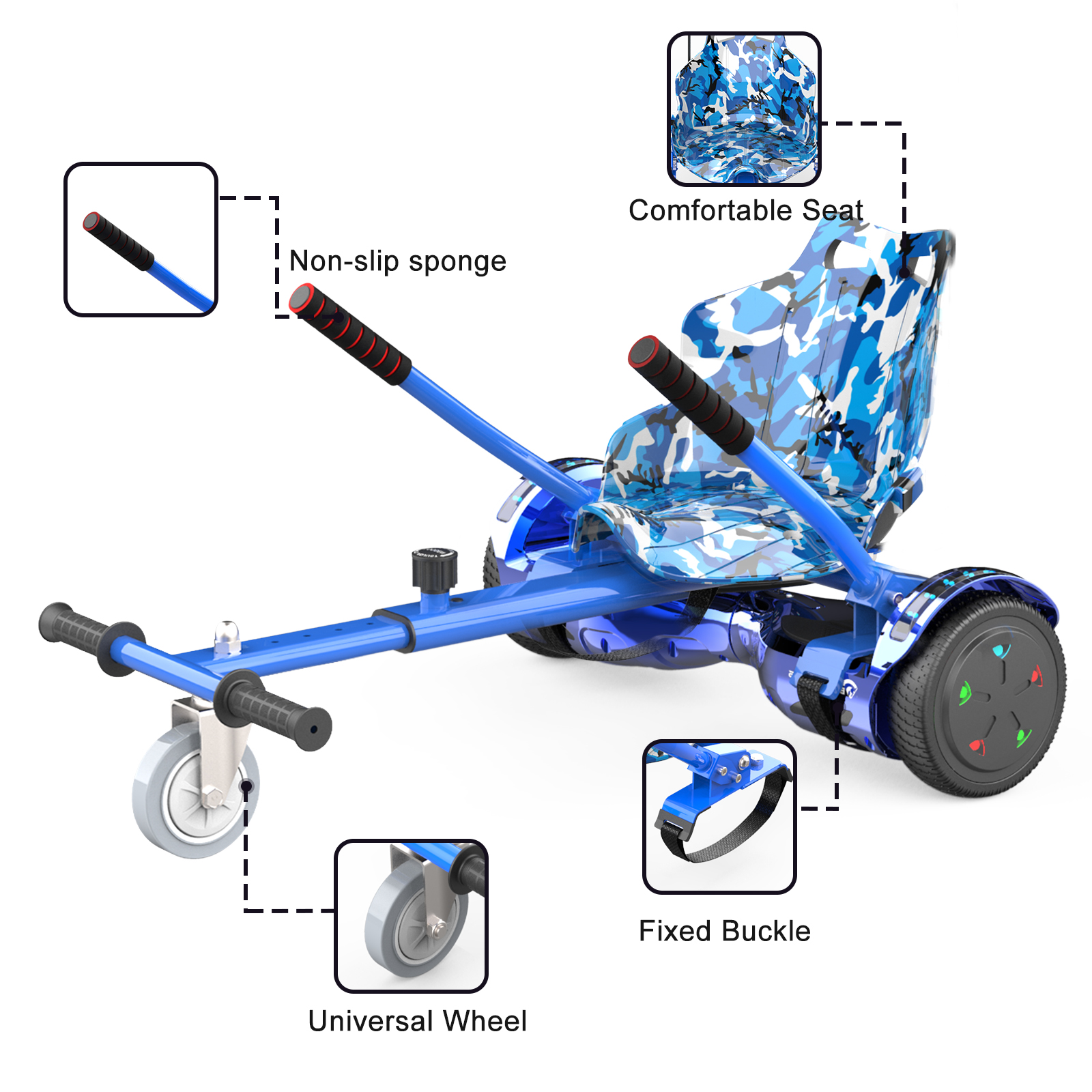 Blue hoverboard with a camouflage seat, black handles, and gray wheels. Features include a non-slip sponge, fixed buckle, and universal wheel.