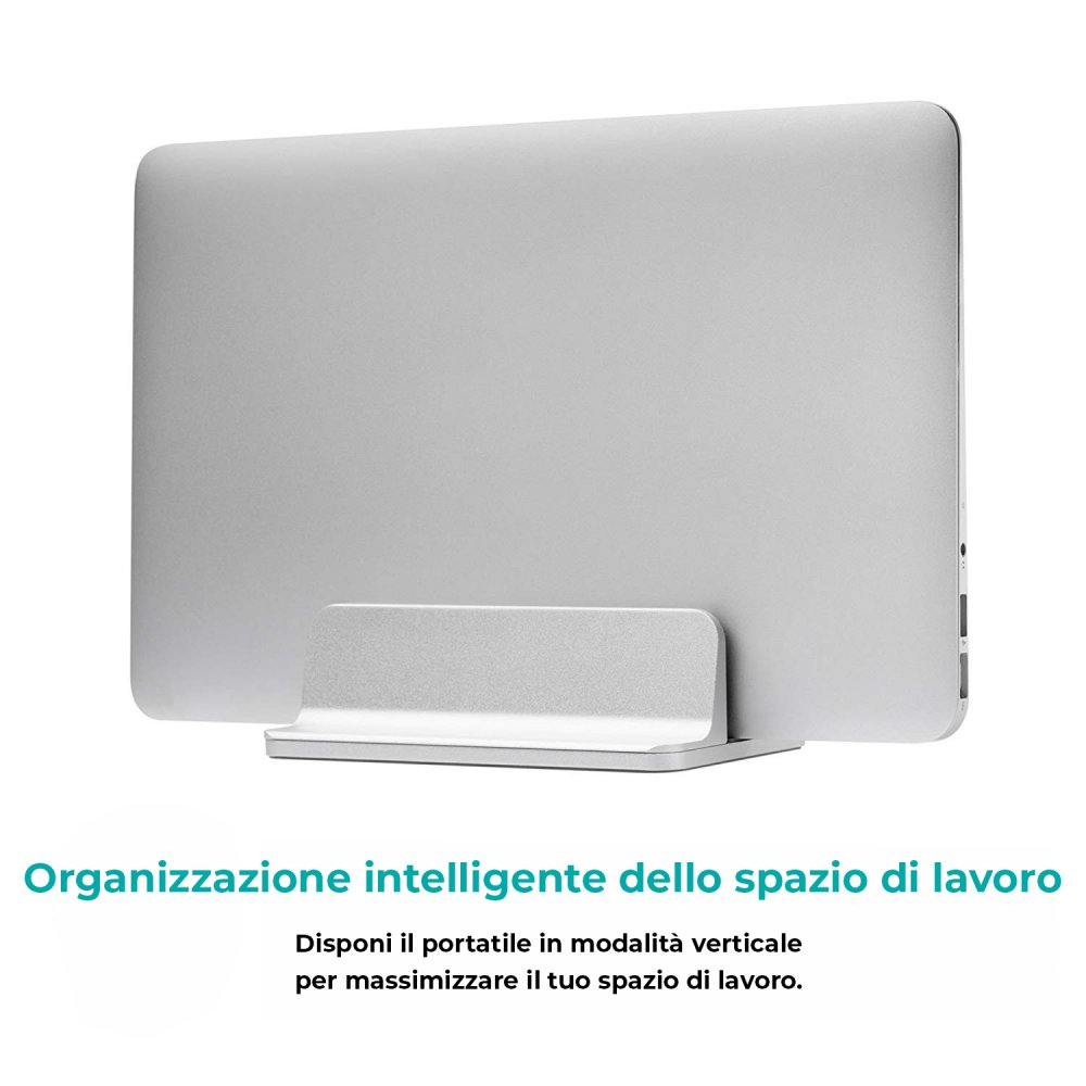 Un portátil plateado se coloca verticalmente en un soporte plateado. El fondo es blanco. El texto sugiere una organización inteligente del espacio de trabajo.
