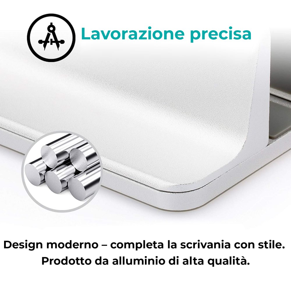 Primer plano de un objeto blanco con una incrustación circular de varillas metálicas. El texto dice 'Mano de obra precisa' y la descripción del producto.
