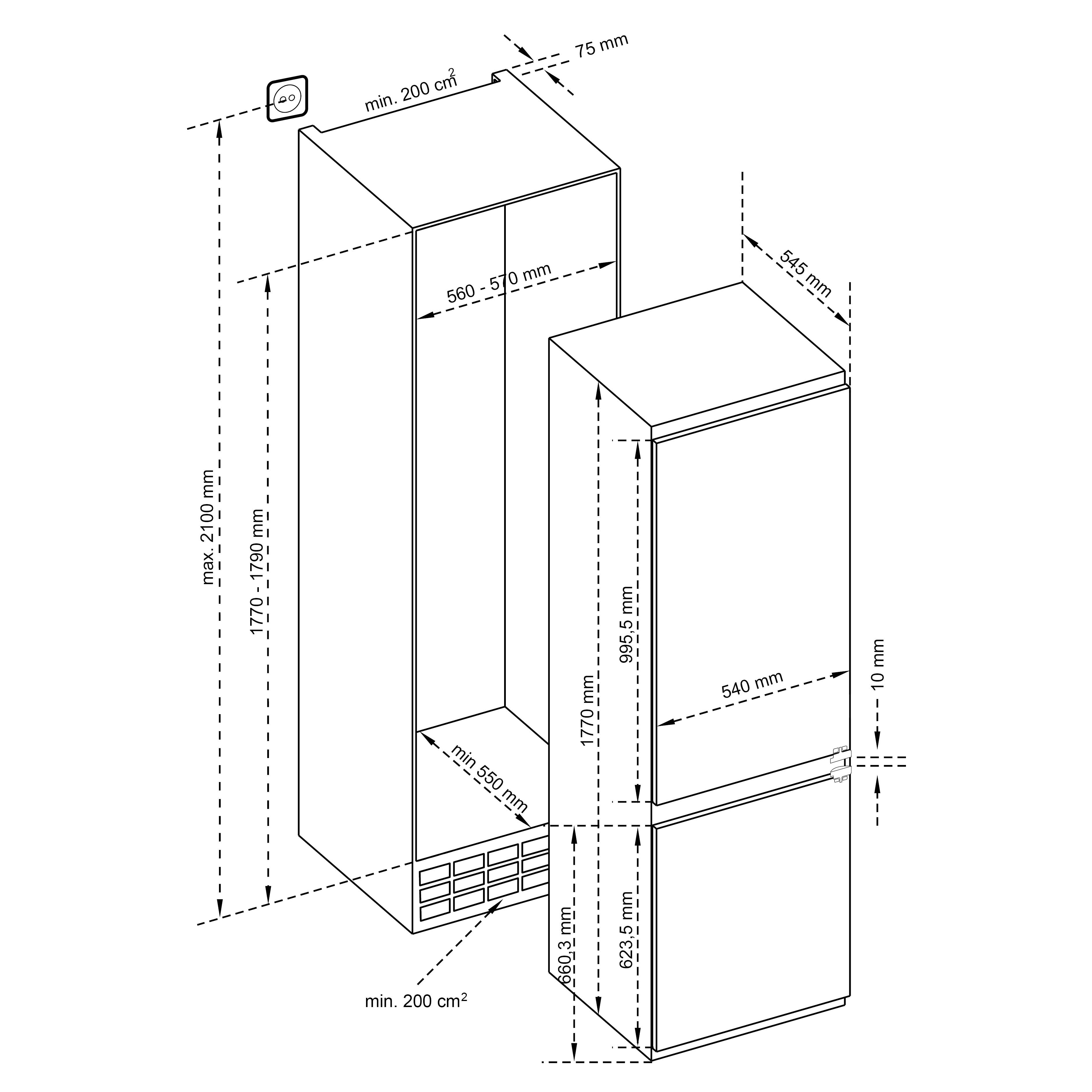 Diagram van een koelkast en vriezer met afmetingen in millimeters. Bevat afmetingen, met hoogte en breedte.