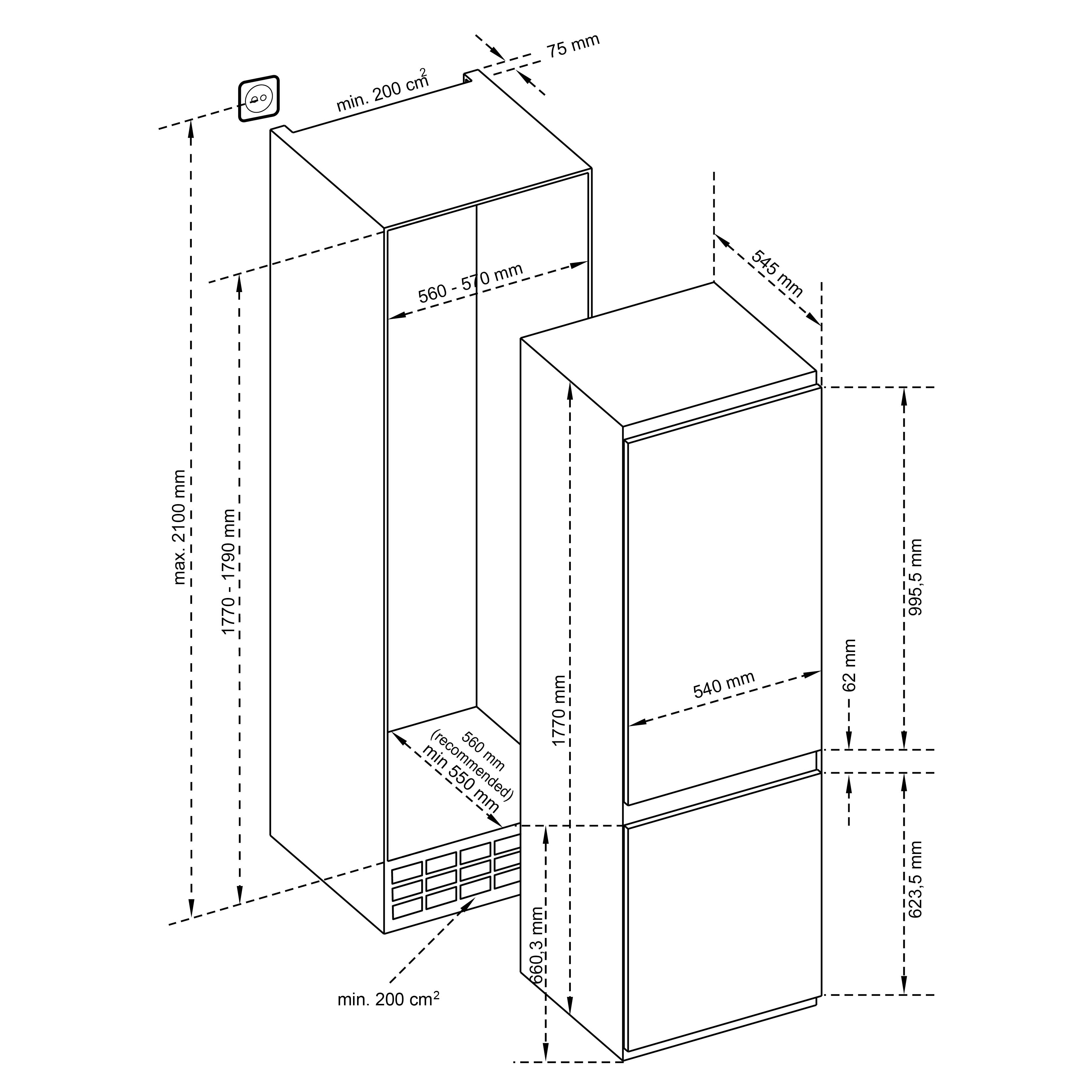 Diagram van een koelkast en kast met afmetingen in mm. Inclusief een stopcontactsymbool. Toont afmetingen voor installatie.
