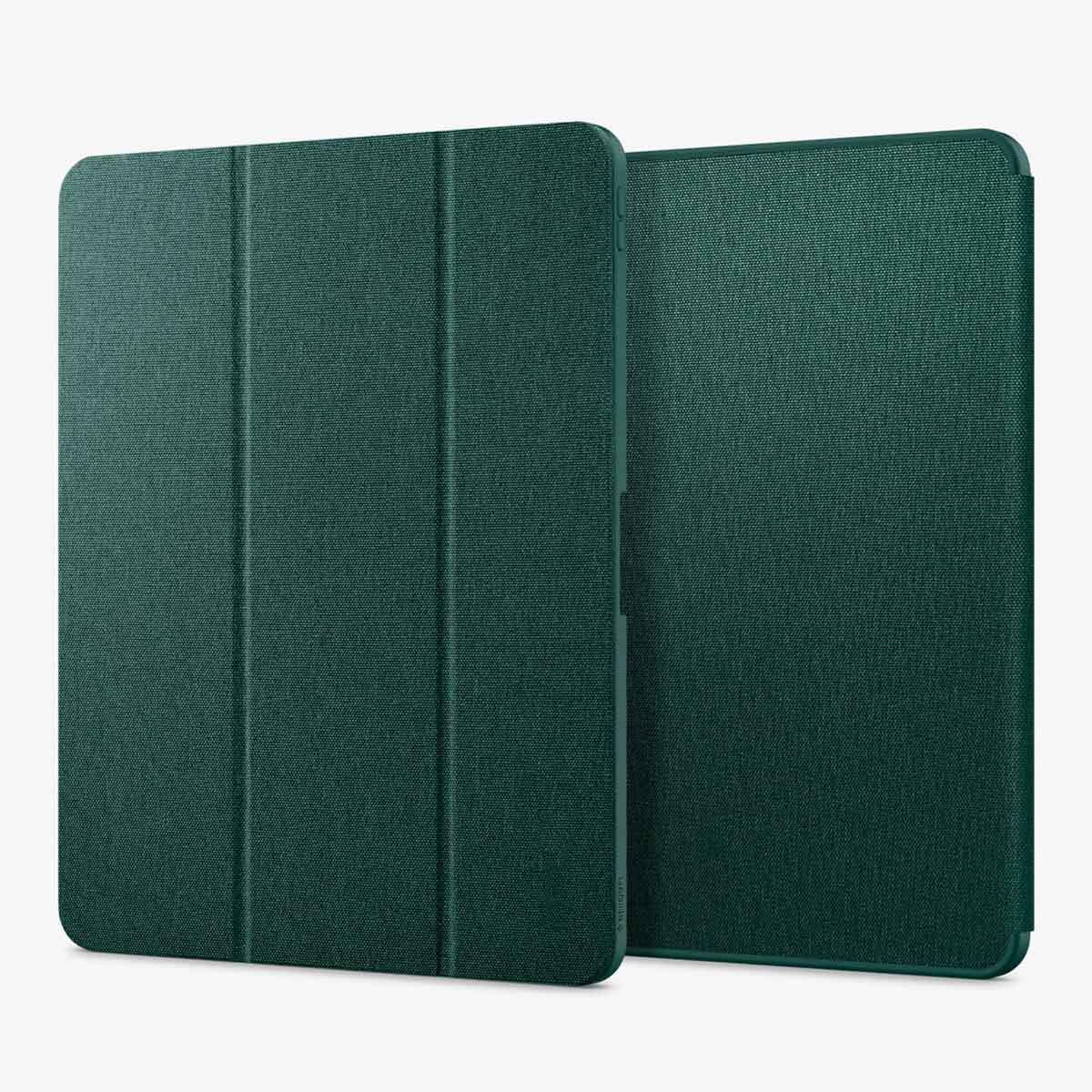 Two dark green tablet cases. The front case is closed, showing vertical folds. The other is open, revealing the inside.