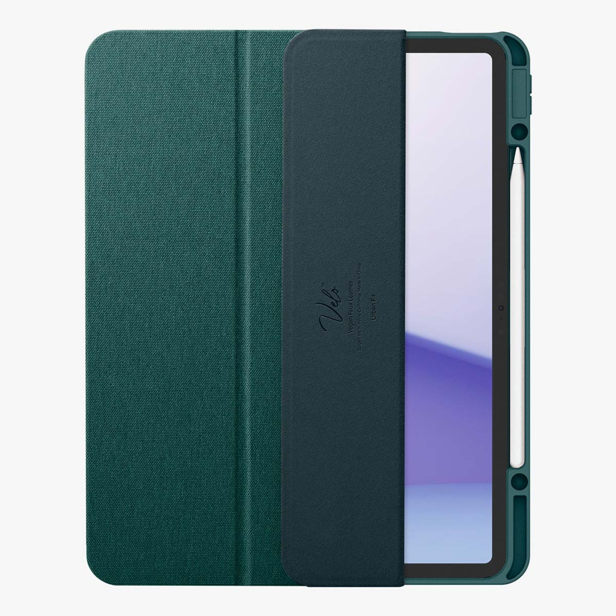 An iPad in a dark green case. The case is open, with a white stylus attached. The case brand is Velo, Vegan Faux Leather, Urban Fit.