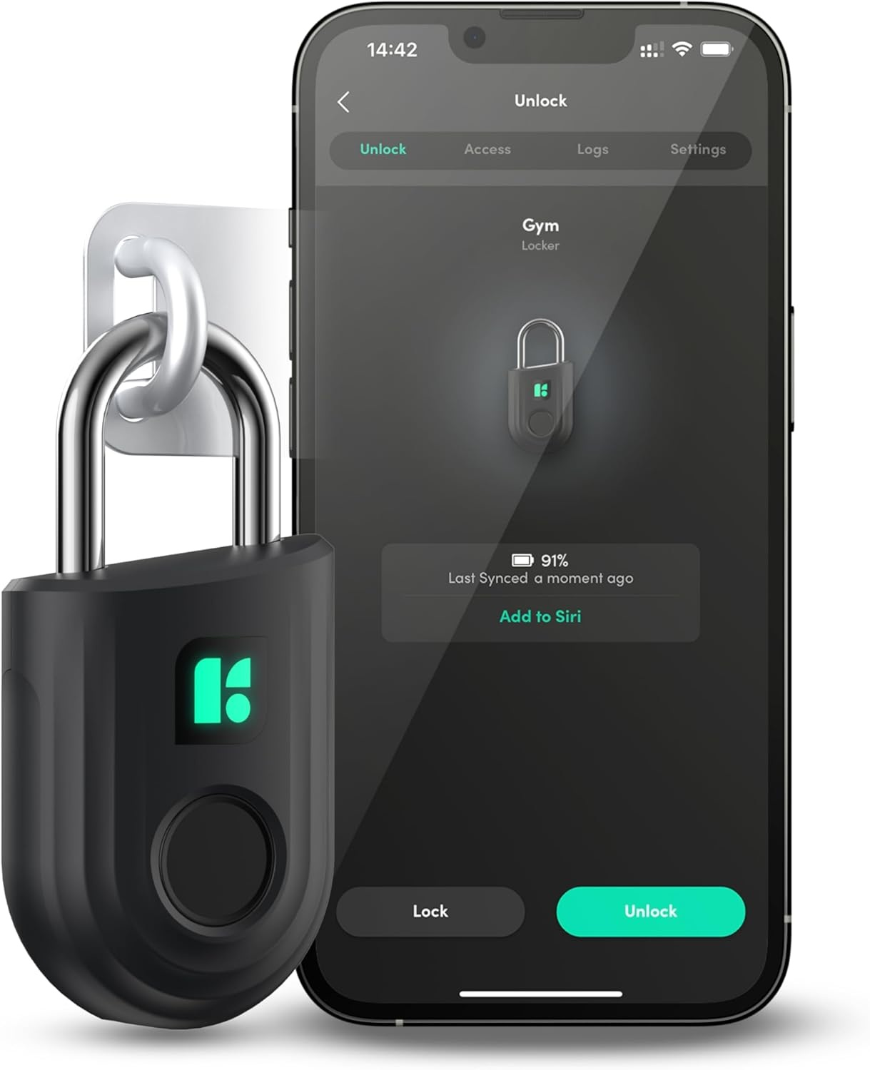 Ein schwarzes Vorhängeschloss und ein Smartphone mit einem Entsperrbildschirm. Das Telefon zeigt einen Schrank mit einer Entsperrtaste.