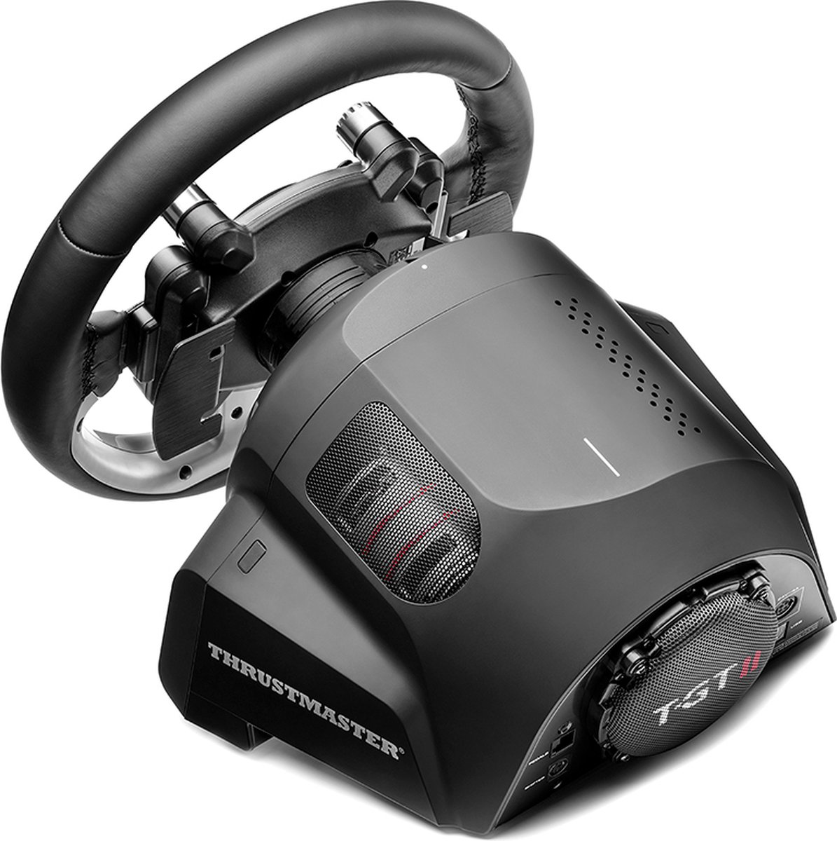 Ein schwarzes Thrustmaster-Rennlenkrad. Das Lenkrad hat einen schwarzen Ledergriff, silberfarbene Paddel und einen schwarzen Sockel.
