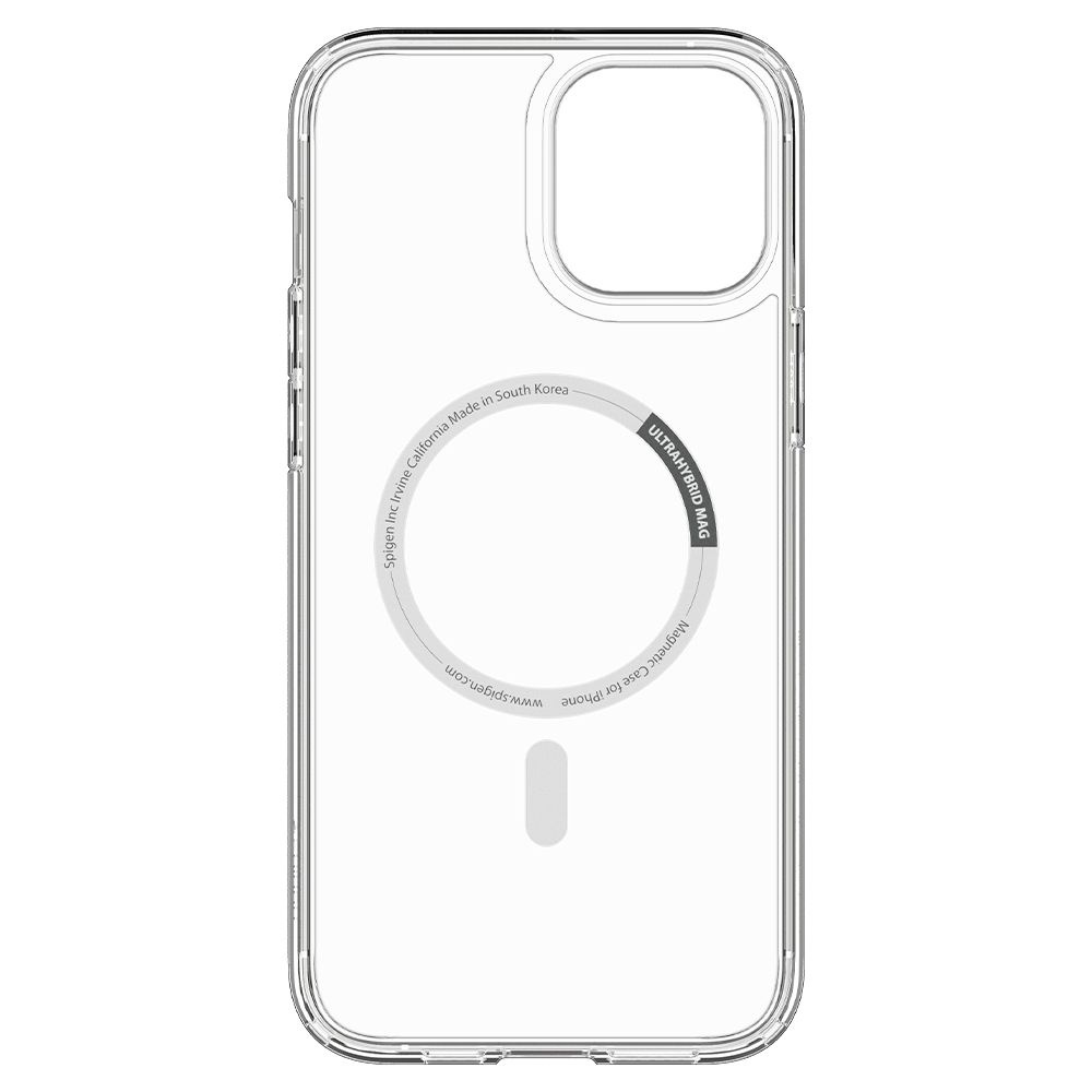 Transparante iPhone-hoes. Het heeft een camera-uitsparing en een MagSafe-ring. De hoes is transparant en toont de tekst 'ULTRAHYBRID MAG'.