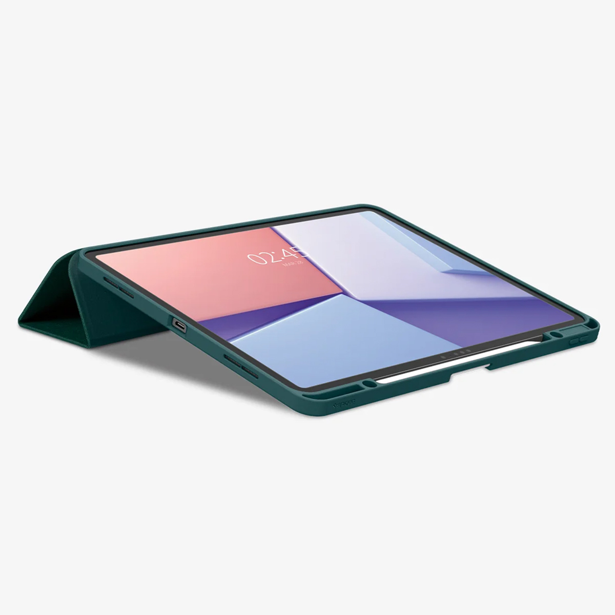 A tablet in a green case is open on a white surface. The screen displays a pink, white, and blue design with the time.