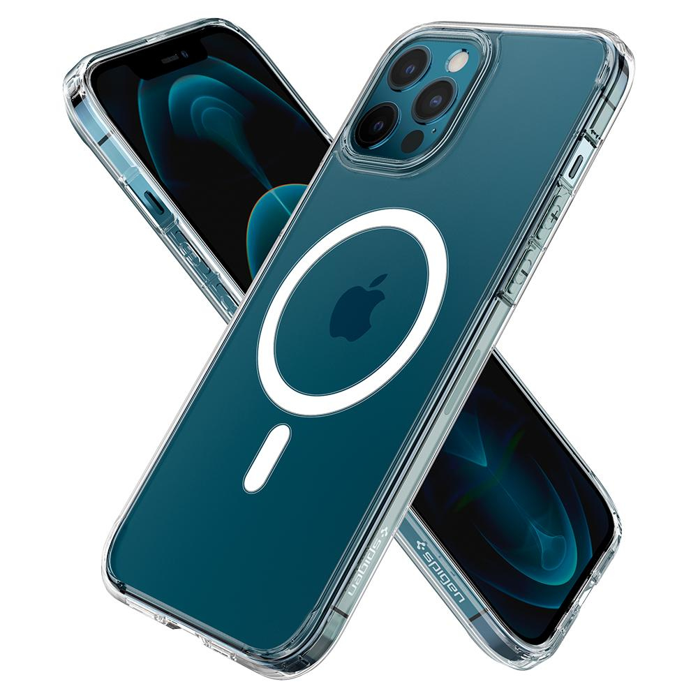 Twee iPhones in doorzichtige hoesjes, de ene boven de andere. De hoesjes hebben een wit cirkeldesign. De achtergrond is wit.