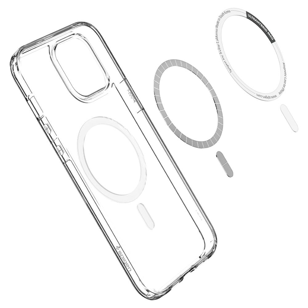 Een doorzichtige telefoonhoes met magnetische ring en beschermende elementen wordt getoond. Verschillende componenten zijn gescheiden. De hoes staat schuin.