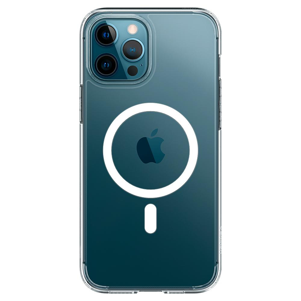 Transparante iPhone-hoes met MagSafe. Voorzien van een witte cirkel en een minteken. Apple-logo zichtbaar. Cameralenzen van de telefoon zichtbaar.
