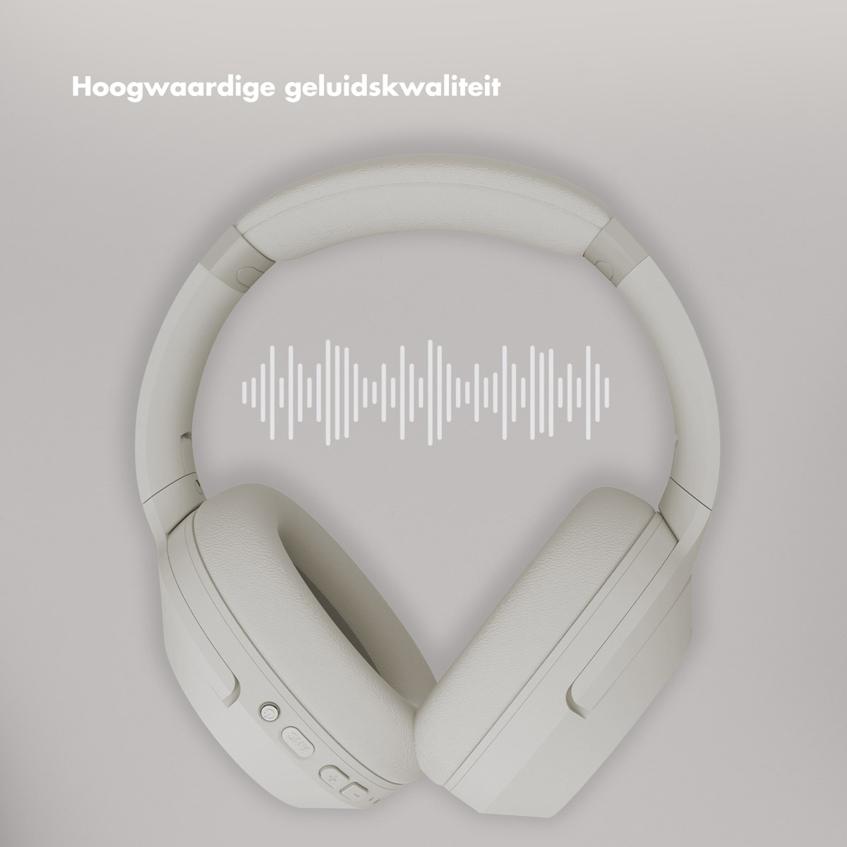 Weißer Kopfhörer mit Schallwellen-Illustration. Text oben: Hochwertiger Klang. Der Hintergrund ist hellgrau.