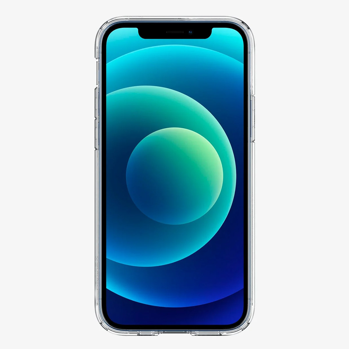 Een iPhone met een blauwe en groene abstracte wallpaper wordt weergegeven. Het zit in een transparante telefoonhoes.