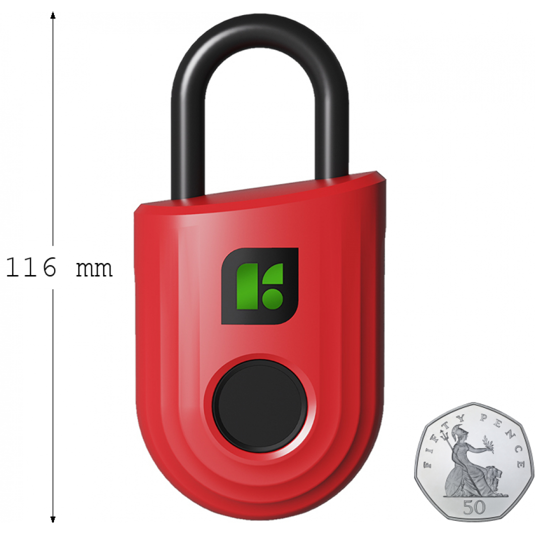 Rotes Vorhängeschloss mit schwarzem Bügel, schwarzem Knopf und grün-schwarzem Logo. Eine 50-Pence-Münze ist zum Größenvergleich vorhanden.