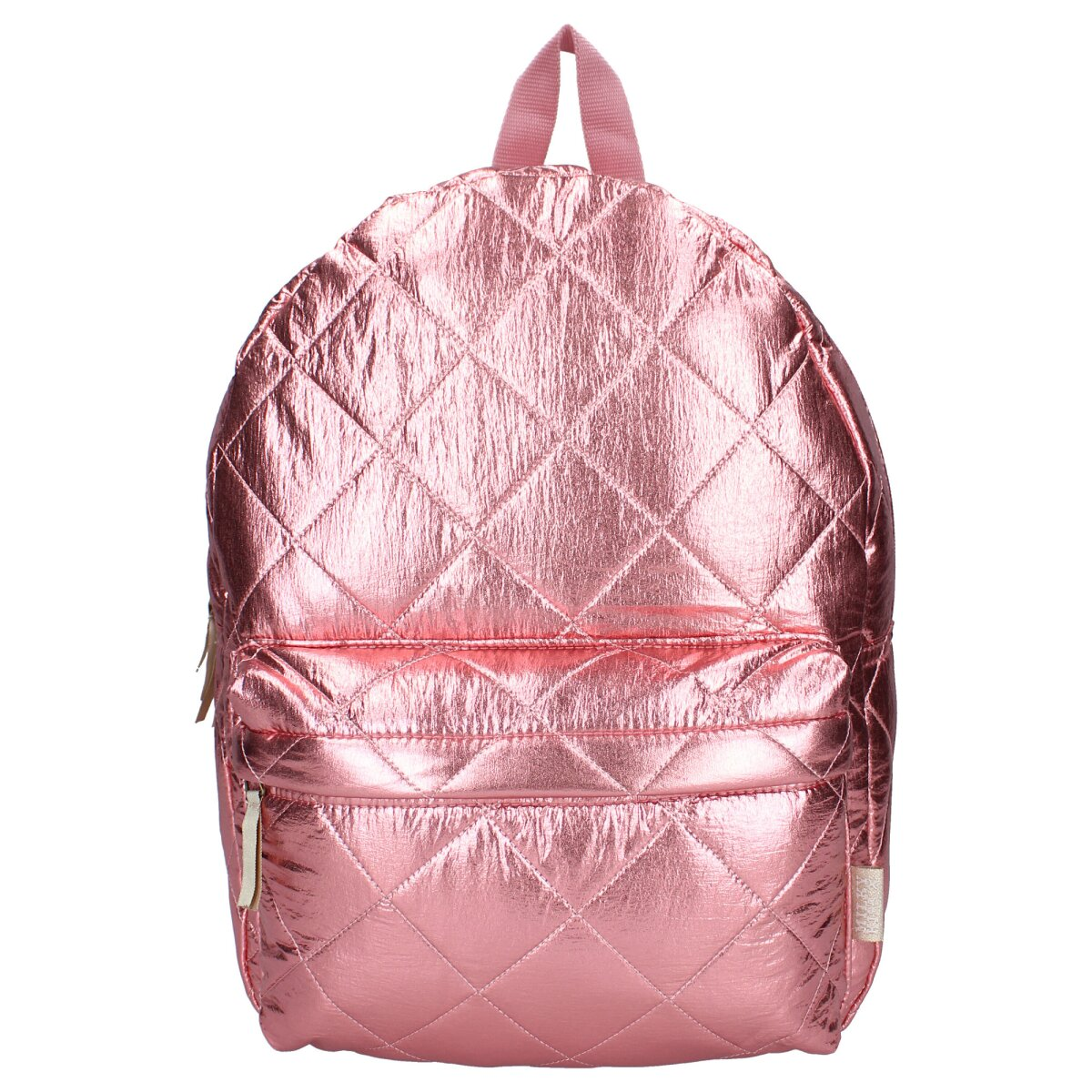 A pink quilted backpack, with a top handle and front zipper. The material has a shiny, metallic appearance.