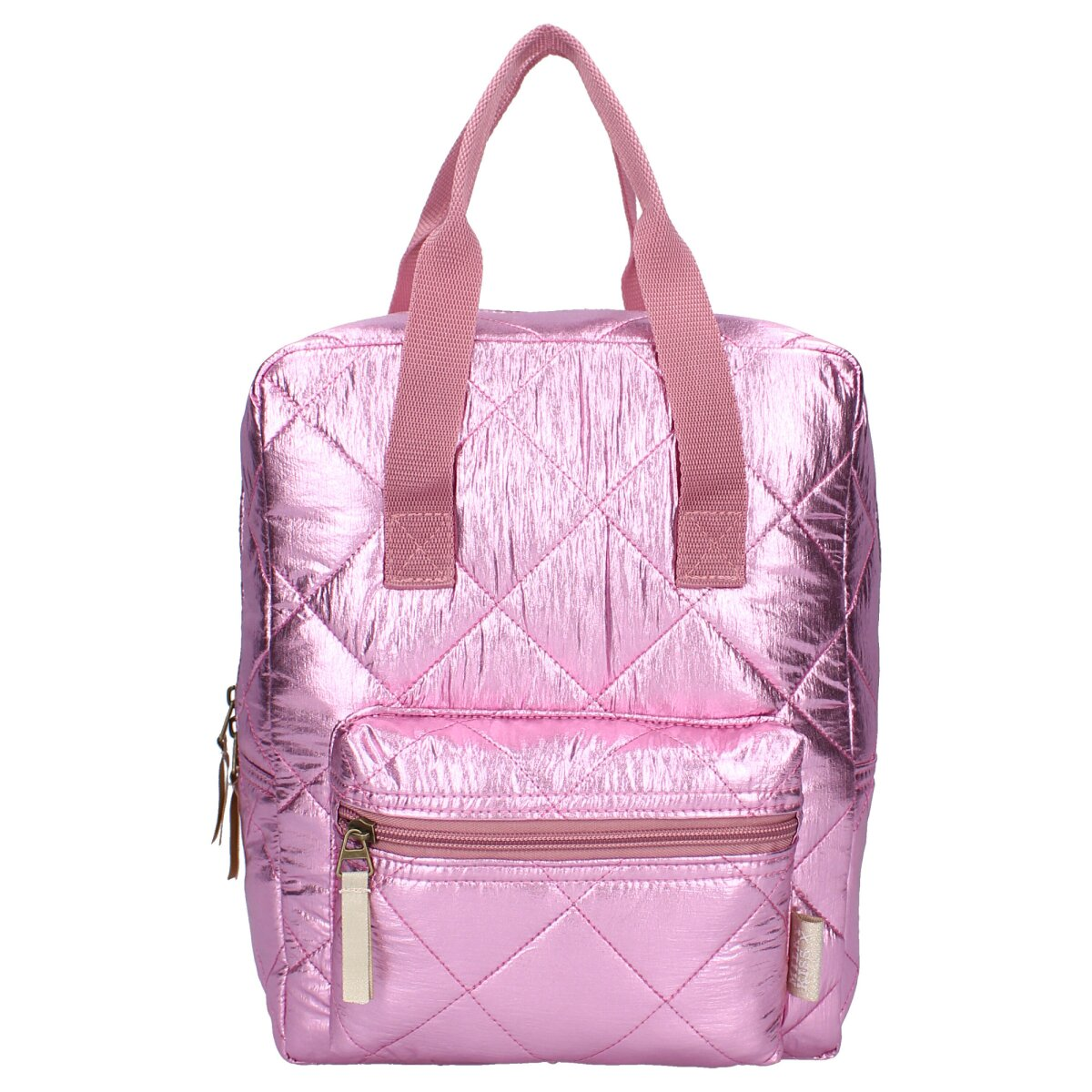A pink, quilted backpack with a top handle and shoulder straps. It has a front pocket with a zipper and a diamond pattern.