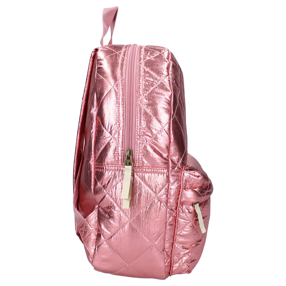 A metallic pink quilted backpack. Features a zipper, a small side pocket, and a handle. The backpack sits against a white background.