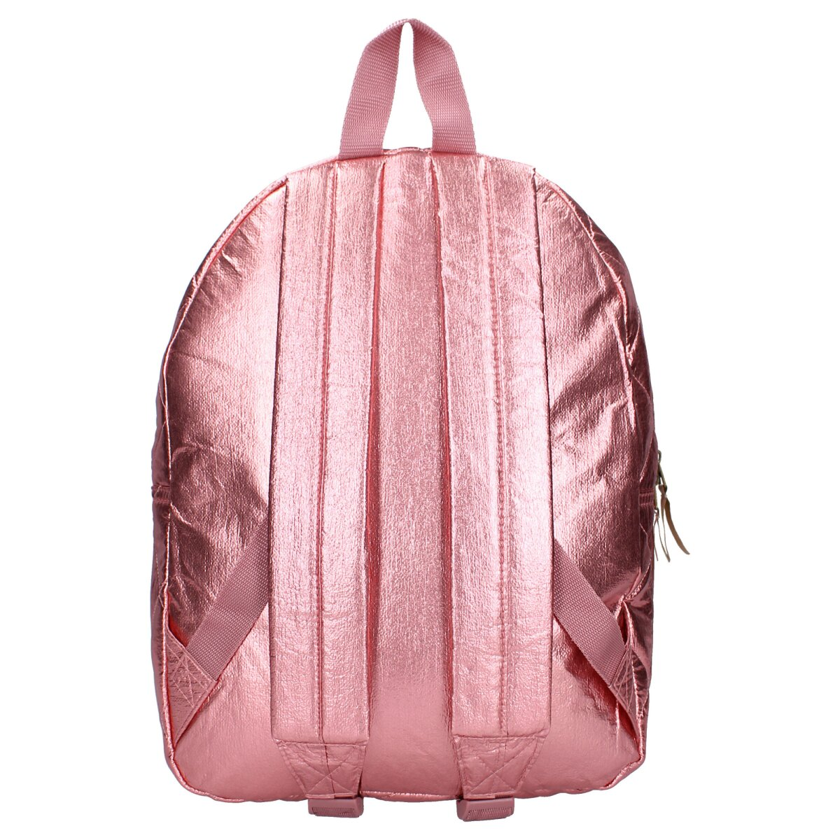 A metallic pink backpack with vertical stitched design. Features two shoulder straps, a top handle, and a zipper.