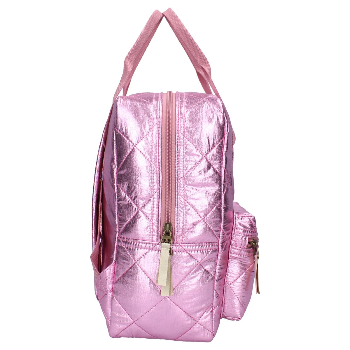 A pink, quilted backpack with a zipper running down the middle. It has a small pocket on the side and two handles at the top.