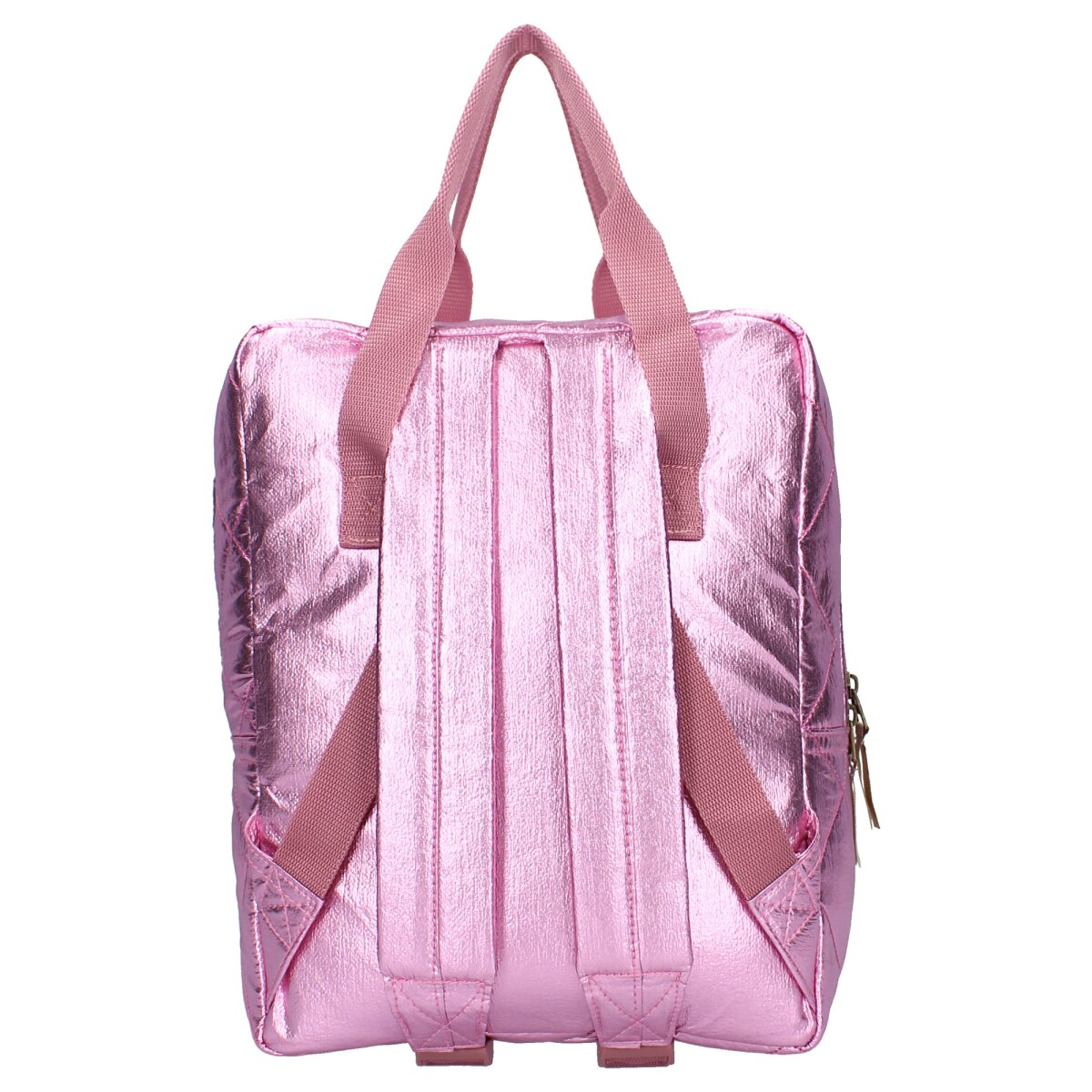 Pink metallic backpack. It has two shoulder straps and a handle on top. A zipper and gold details are on the side.