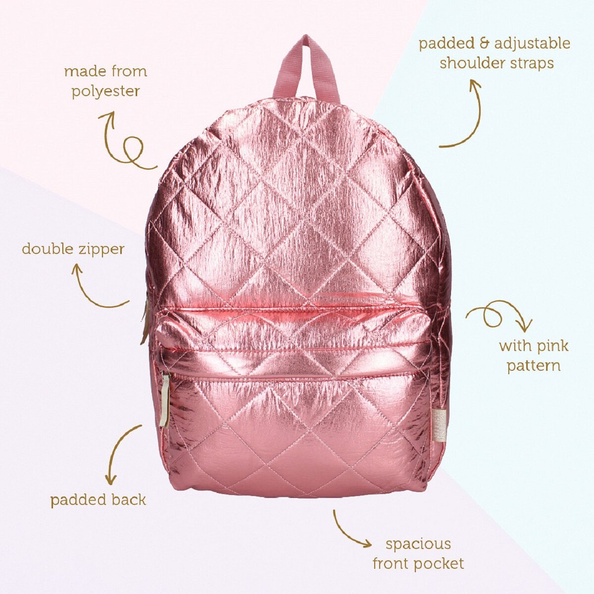 A pink quilted backpack made from polyester, with a double zipper, padded back, adjustable straps, front pocket, and pink pattern.