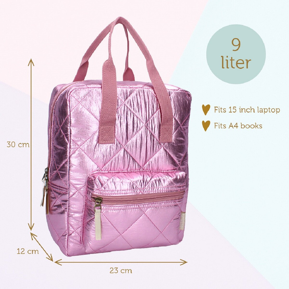 A pink, quilted backpack with dimensions displayed. A label shows the backpack holds 9 liters and fits a 15-inch laptop and A4 books.