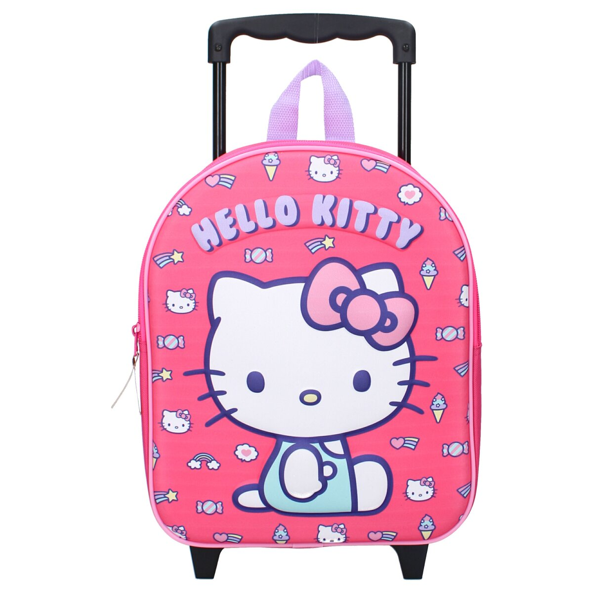 Ein pinkfarbener Hello Kitty Rollkoffer. Er hat einen schwarzen Griff, einen lila Griff und Hello Kittys Gesicht, sowie andere süße Icons.