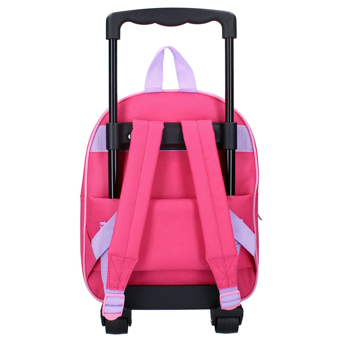 Rosa Rollrucksack mit schwarzem Griff und Rädern. Lila Träger und Akzente. Der Rucksack befindet sich auf weißem Hintergrund.