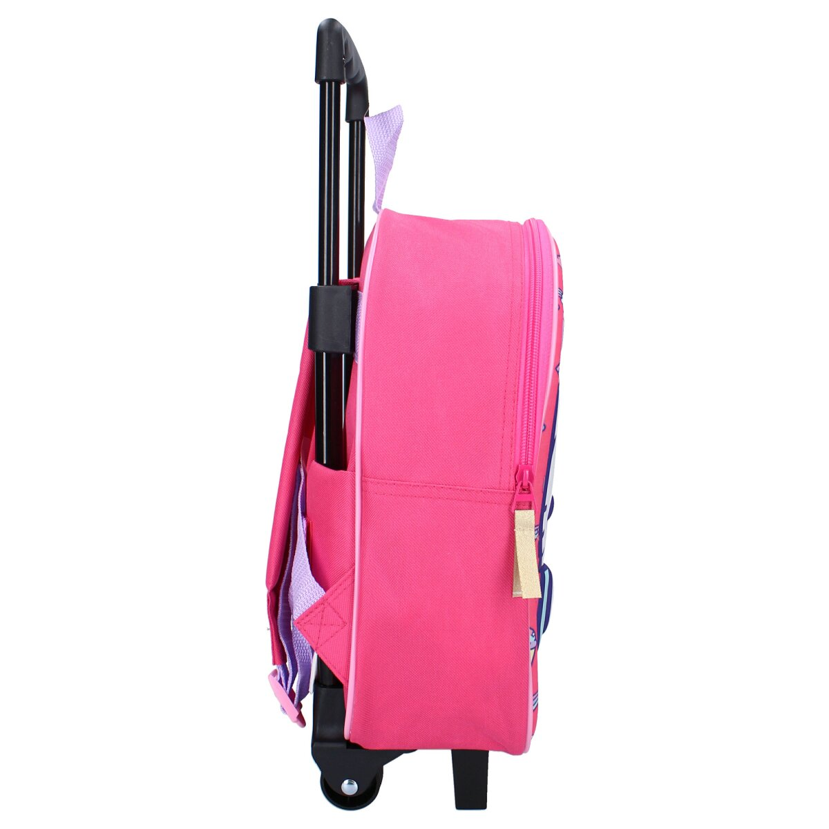 Ein rosa Rollrucksack mit schwarzem Griff. Er hat einen Reißverschluss und einen lila Akzent. Die Räder sind unten sichtbar.
