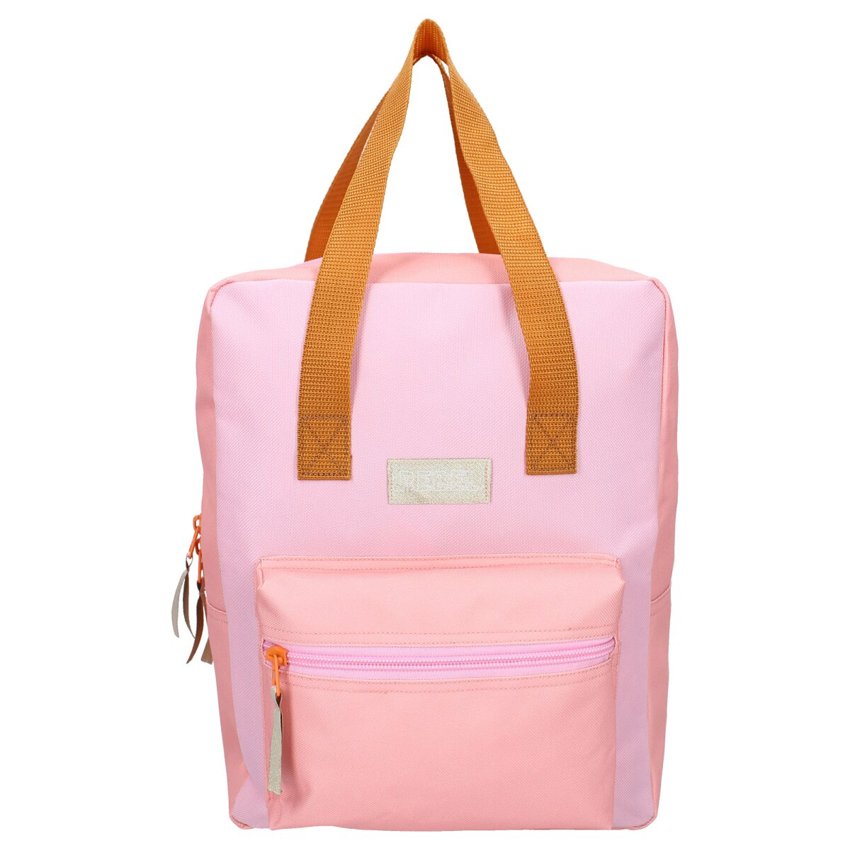 A pink backpack with a front pocket and orange handles. It has a pink zipper and a tag. The background is white.