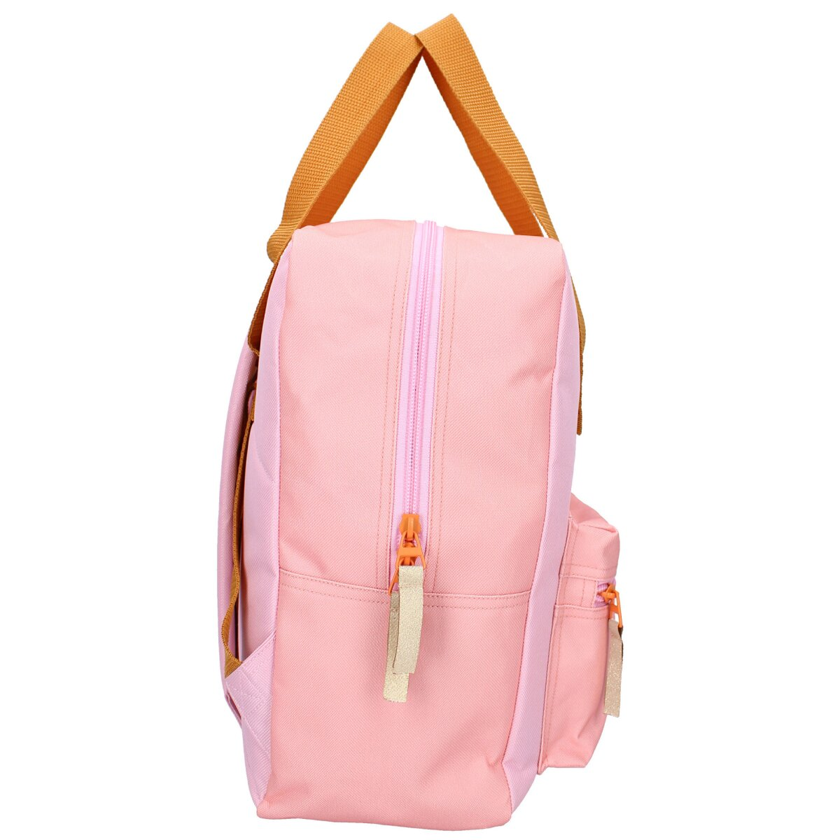 A pink backpack with orange straps and zippers. It has a front pocket and a top handle. The background is white.